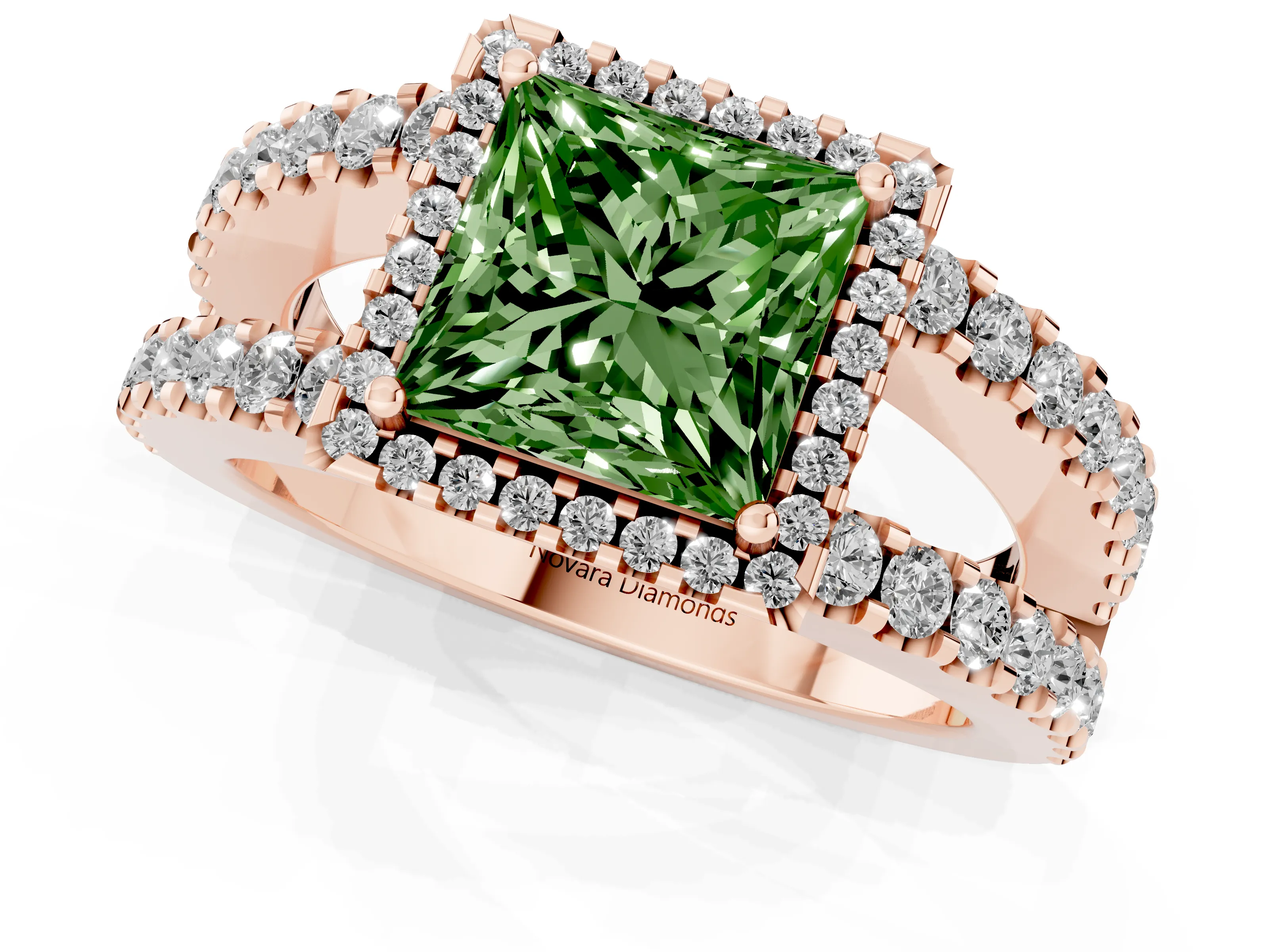 Fancy Green Princess Cut Diamond Halo Ring Set in Rose gold with Pavé Split Shank and Prong Setting