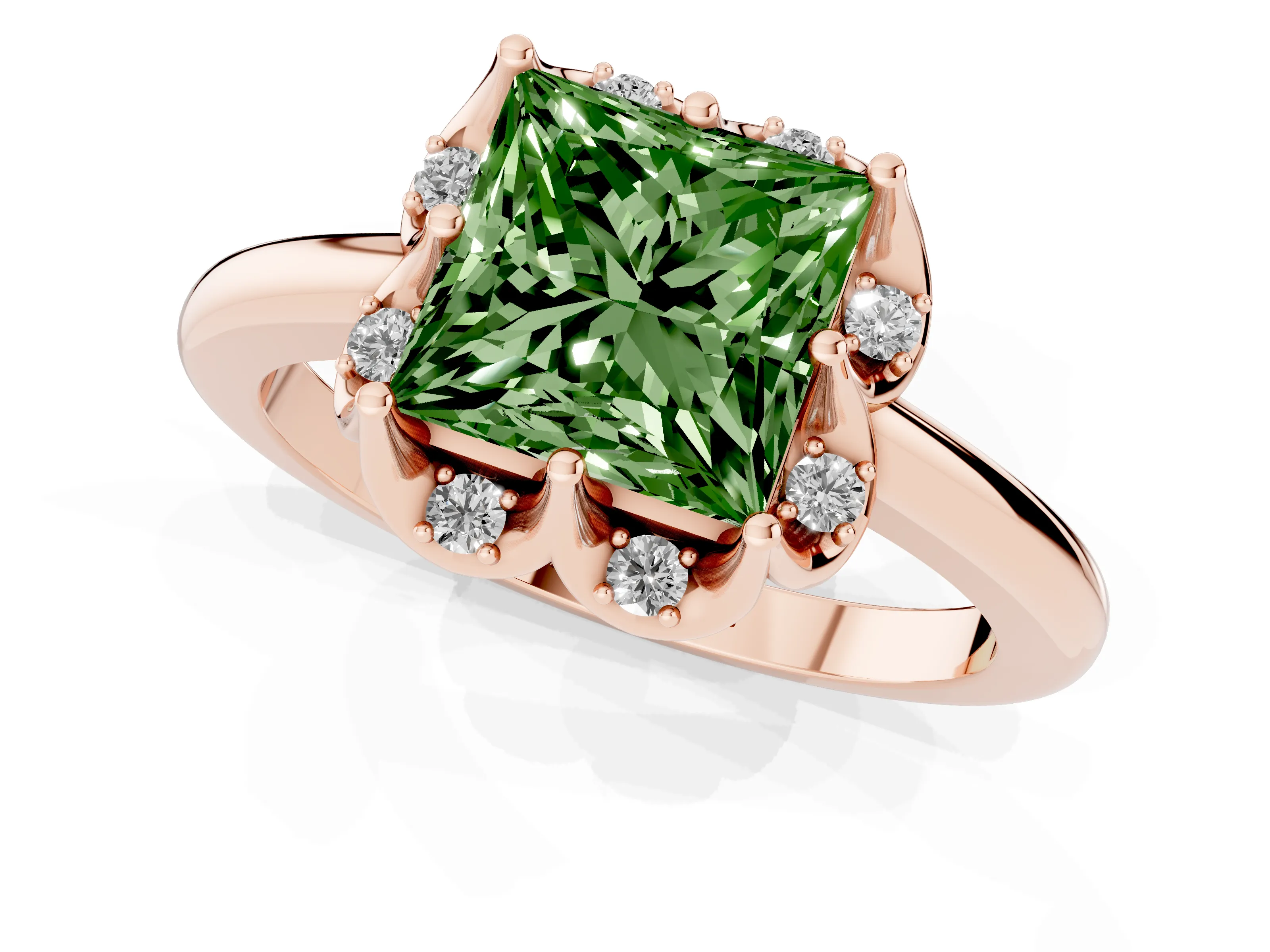 Fancy Green Princess Cut Diamond Round Cluster Halo Ring Set in Rose gold with Solitaire Band and Prong Setting