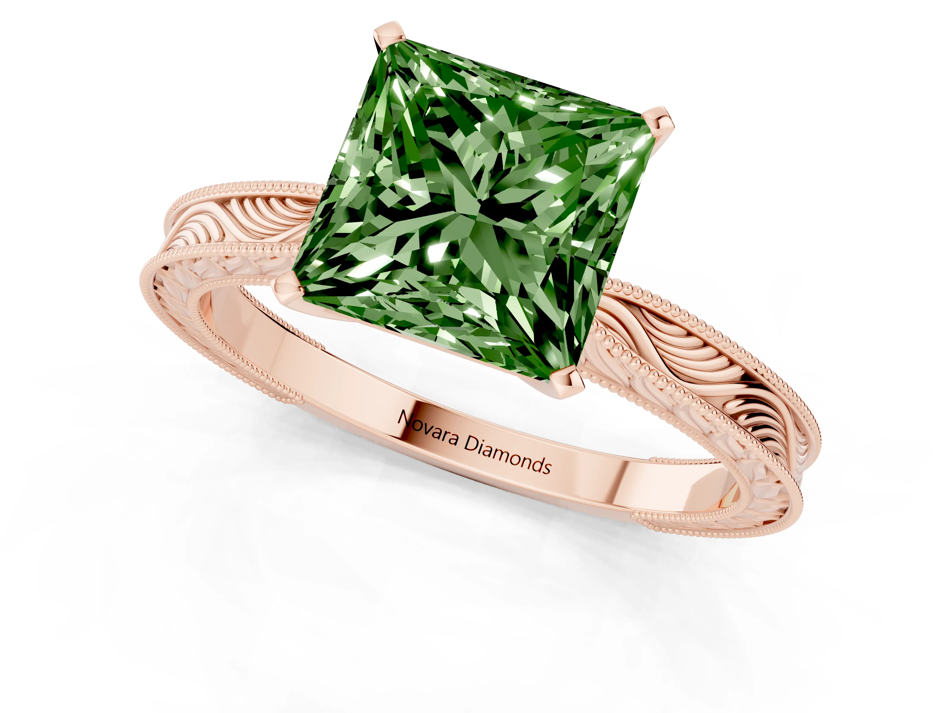 Fancy Green Princess Cut Diamond Solitaire Milgrain Engraved Band Set in Rose gold with Prong Setting