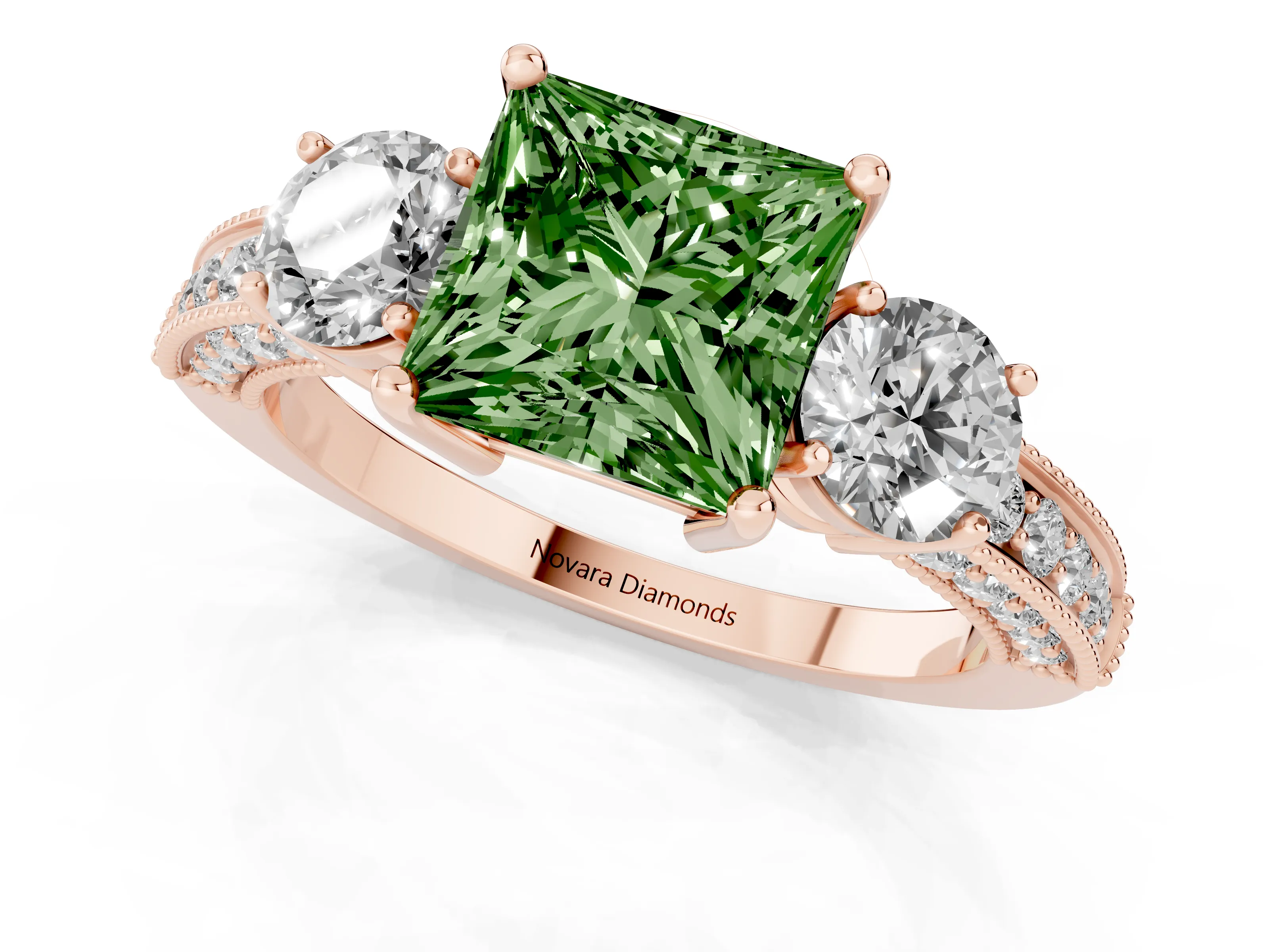 Fancy Green Princess Cut Diamond Three-Stone Ring Set in Rose gold with Round Side Stones and Pavé Band