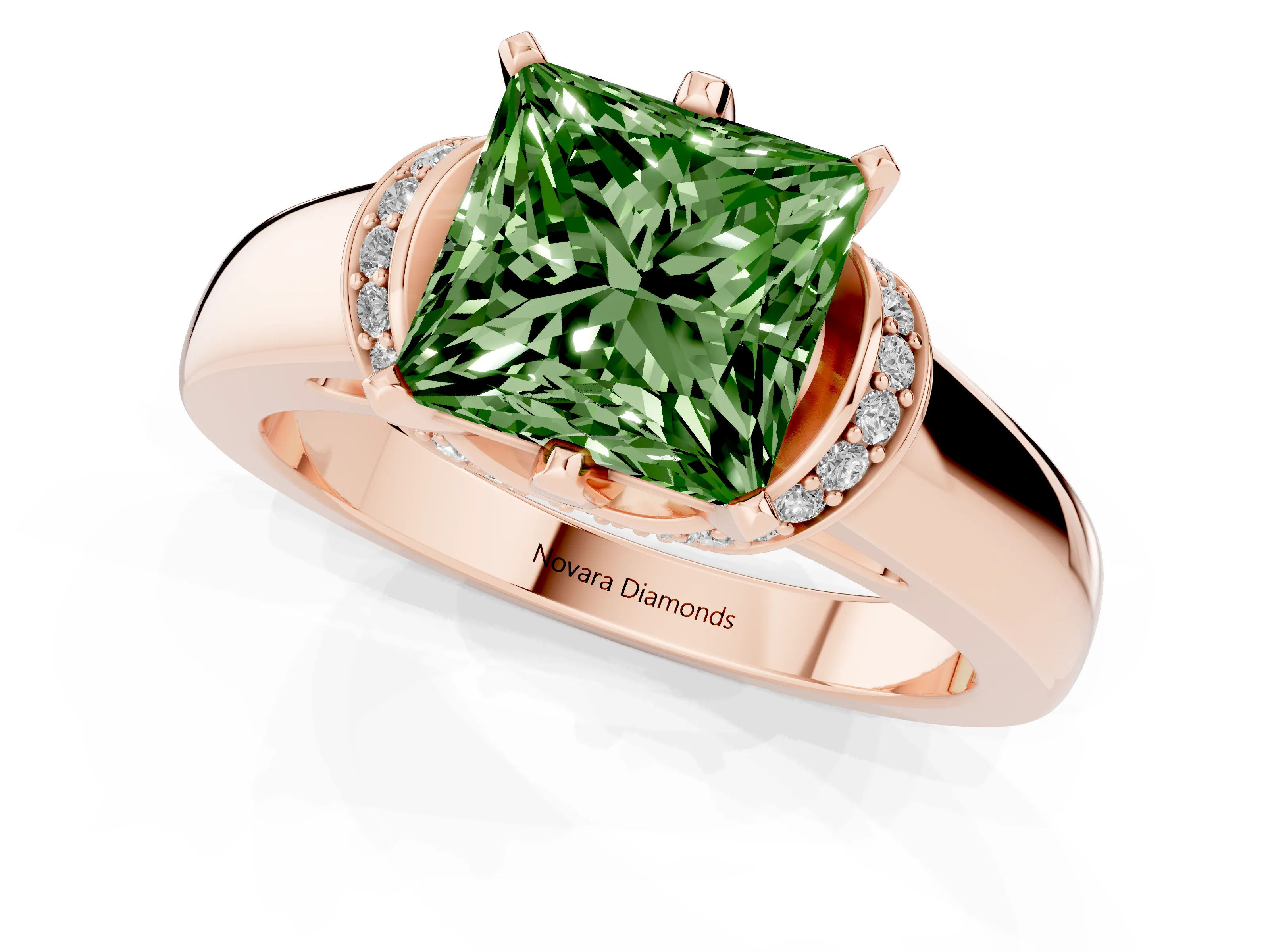 Fancy Green Princess Cut Diamond Pavé Band Solitaire Ring Set in Rose gold with Prong Setting