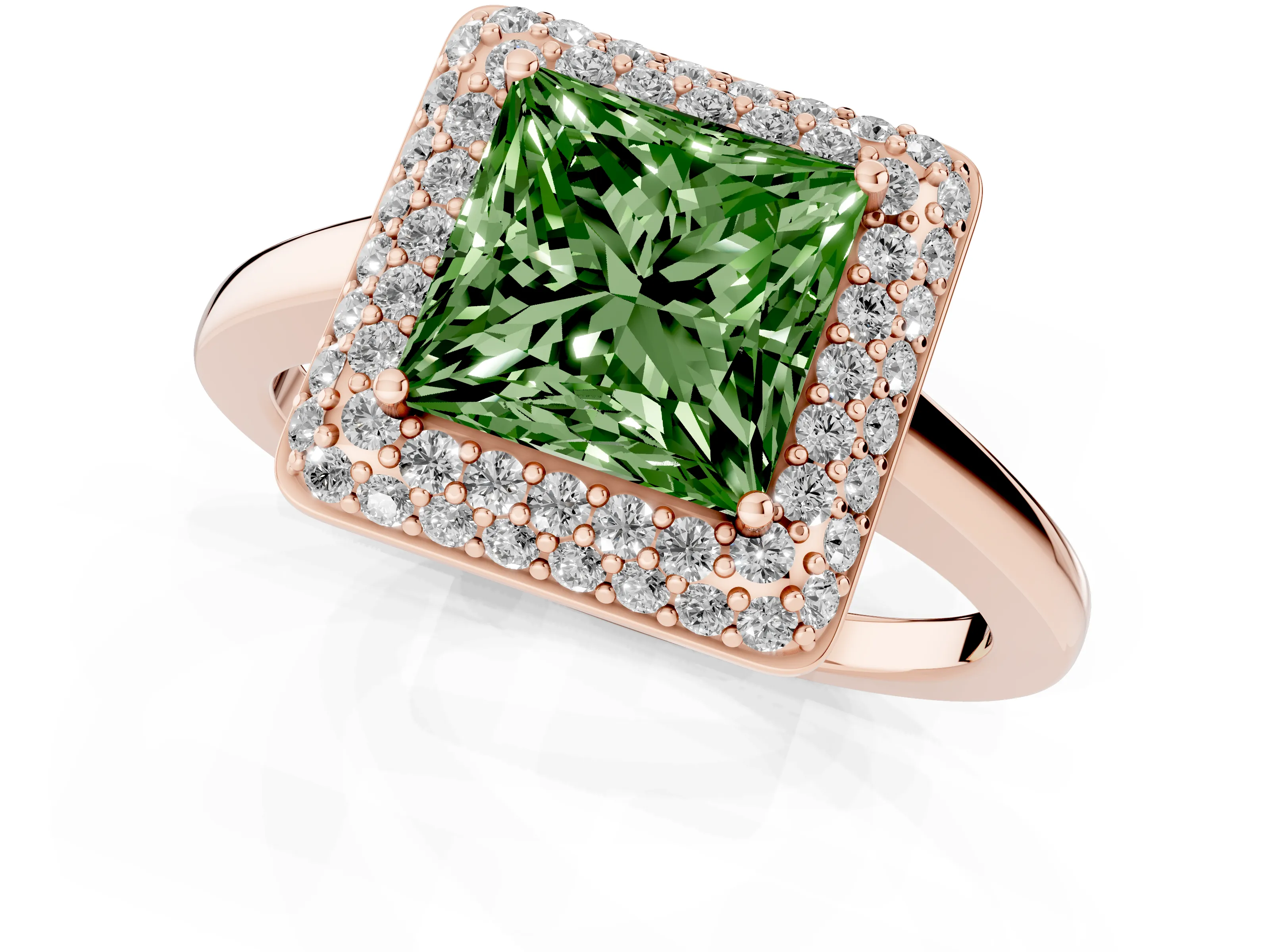 Fancy Green Princess Cut Diamond Halo Engagement Ring Set in Rose gold with Solitaire Band and Prong Setting