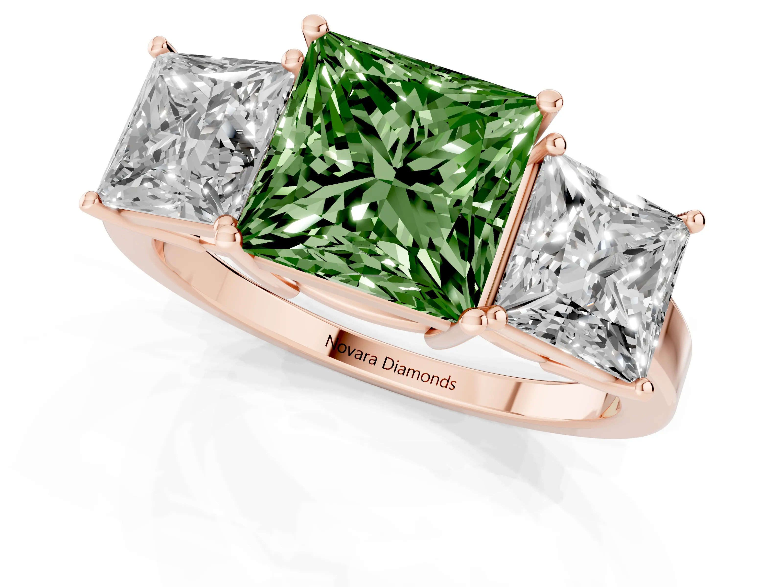 Fancy Green Princess Cut Diamond Three-Stone Engagement Ring Set in Rose gold with Flat Band
