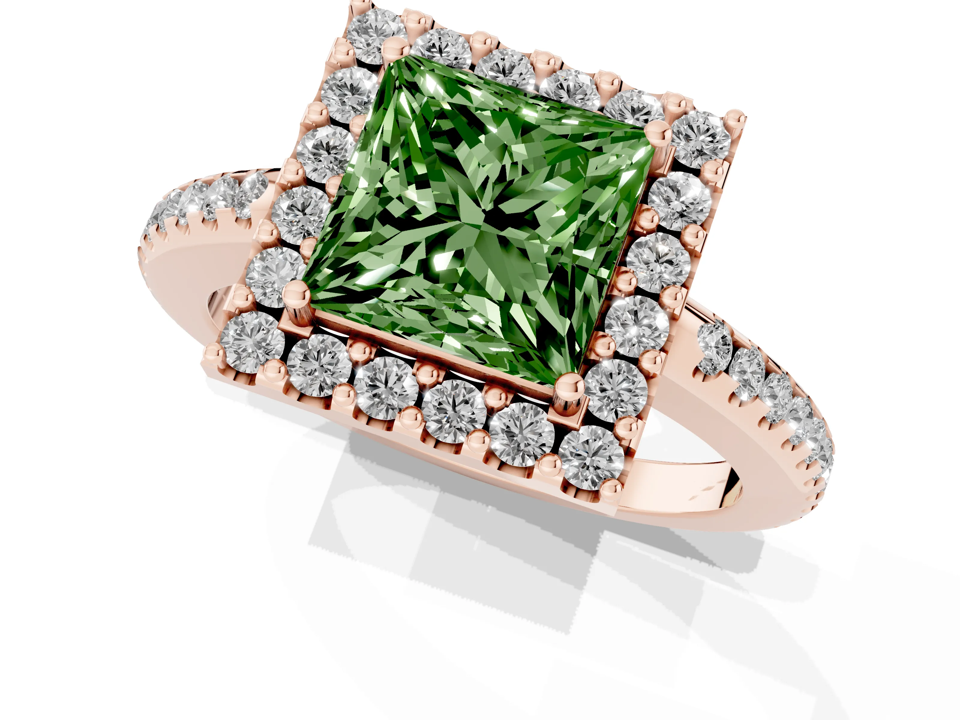 Fancy Green Princess Cut Diamond Pavé Halo Ring Set in Rose gold with Prong Setting