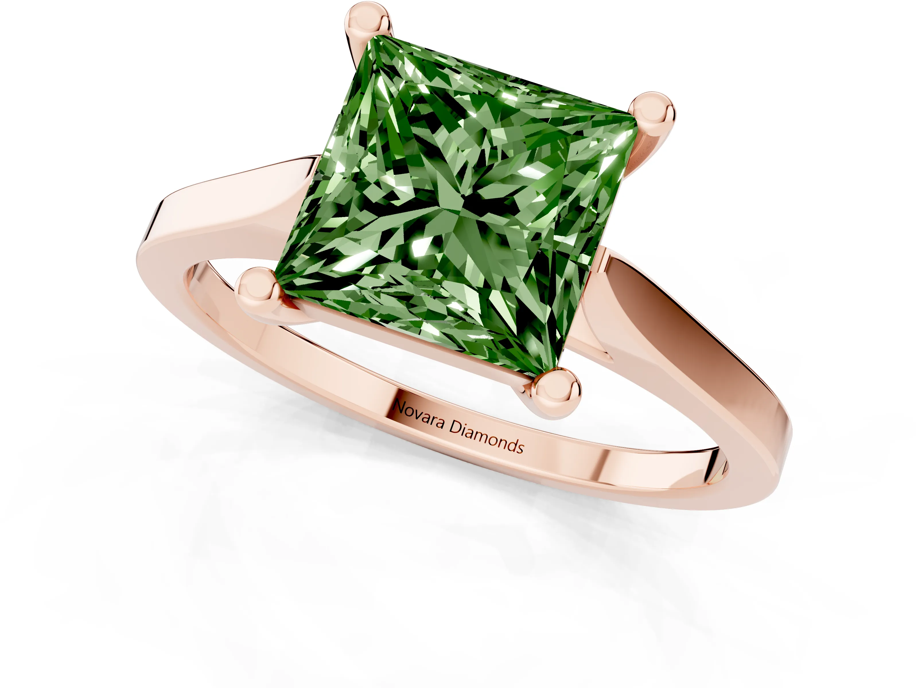 Fancy Green Princess Cut Diamond Solitaire Ring Set in Rose gold with Prong Setting and Tapered Band