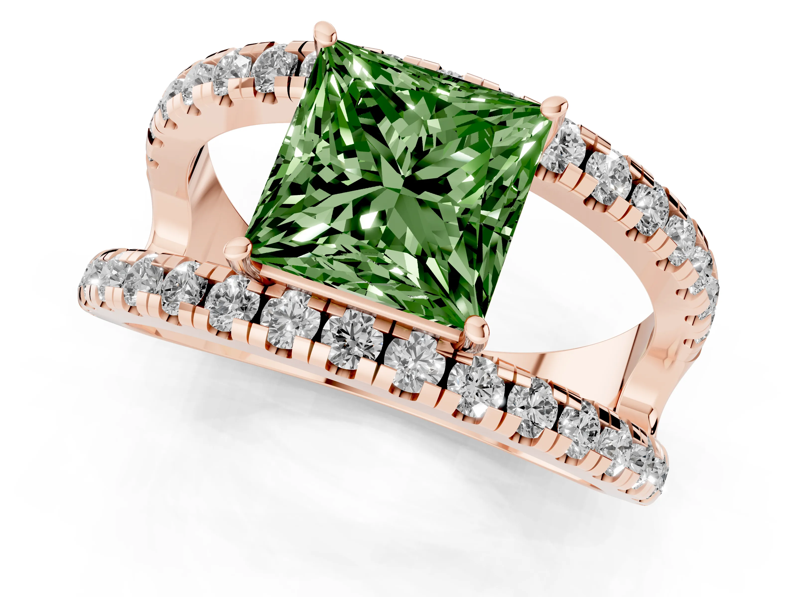 Fancy Green Princess Cut Diamond Split Shank Pavé Solitaire Ring Set in Rose gold with Open Shank Design