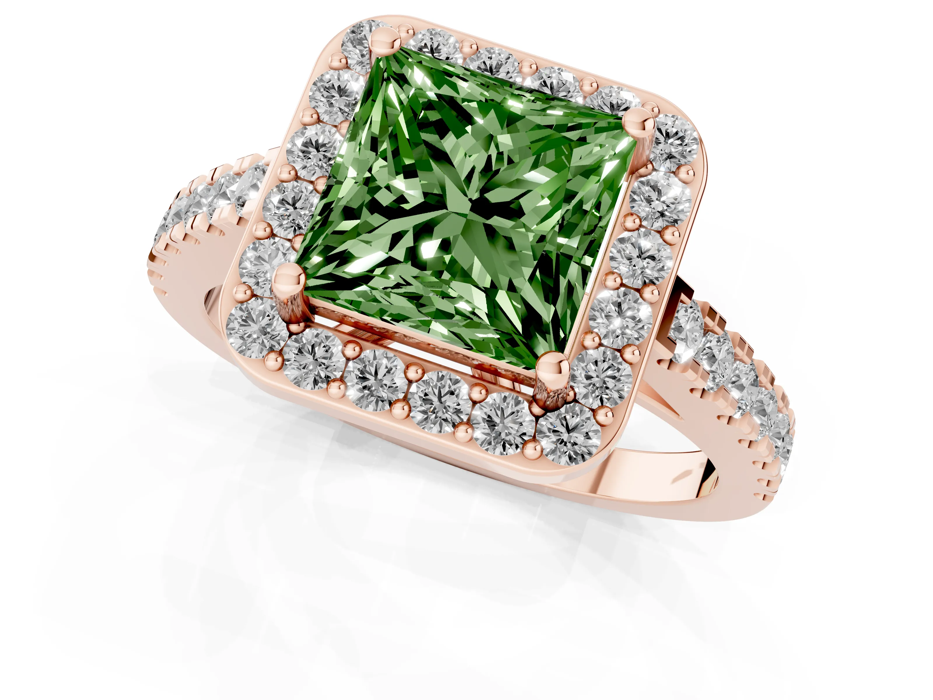 Fancy Green Princess Cut Diamond Halo Ring Set in Rose gold with Round Pavé Split Shank and Prong Setting