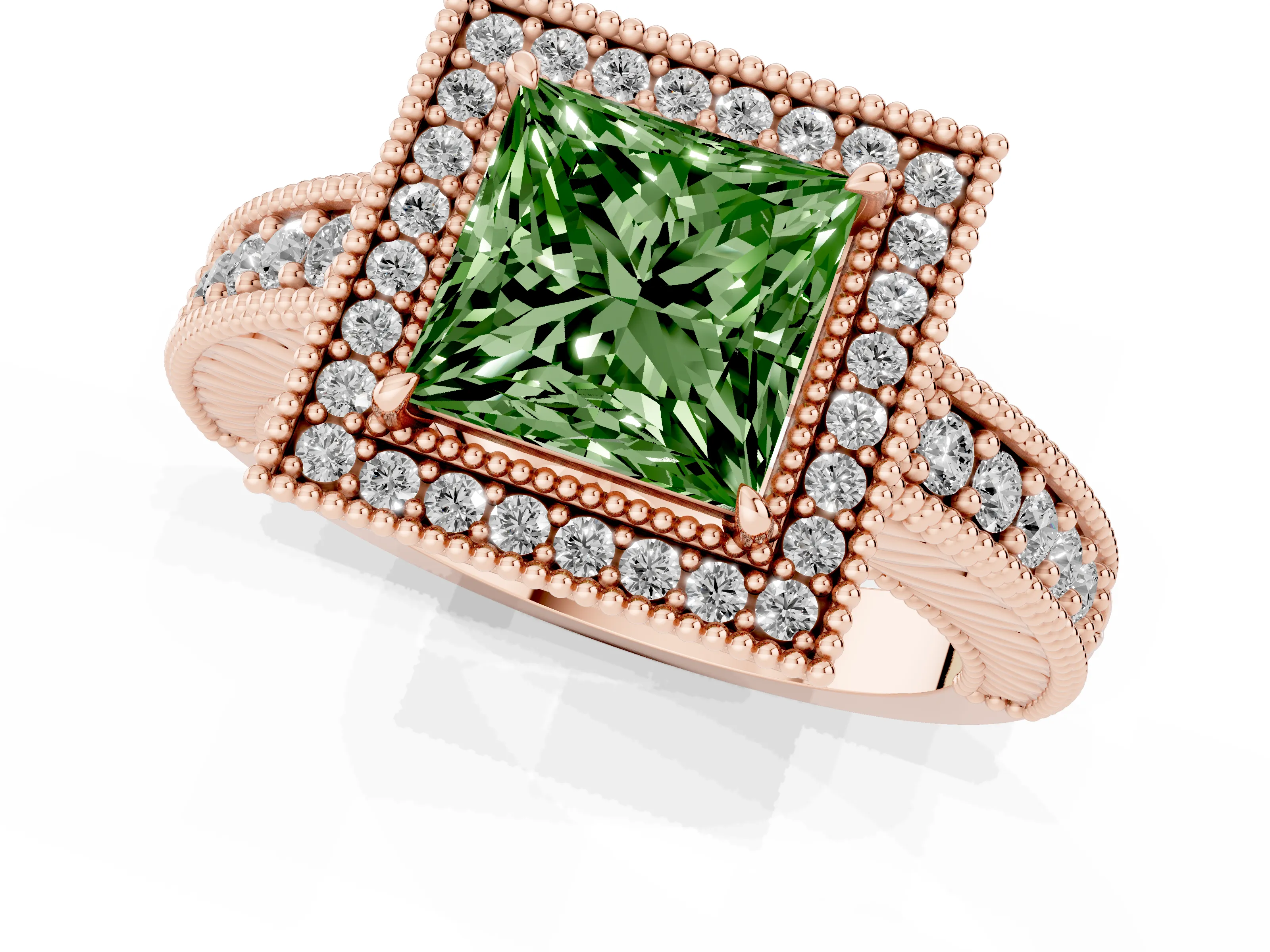Fancy Green Princess Cut Diamond Halo Ring Set in Rose gold with Round Accent Halo, Pavé Band and Prong Setting