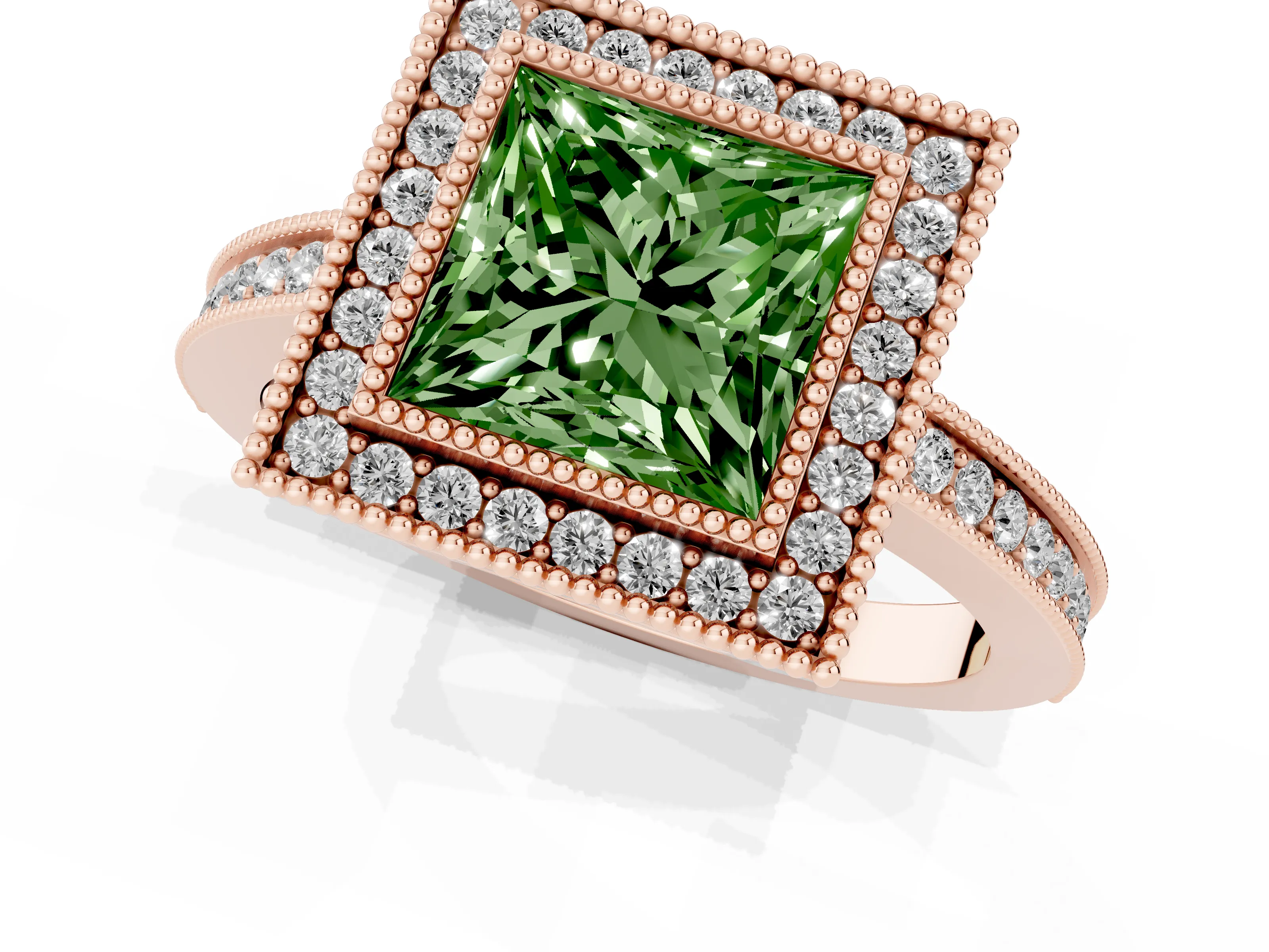Fancy Green Princess Cut Diamond Halo Ring Set in Rose gold with Pavé Band and Milgrain-Edged Prongs