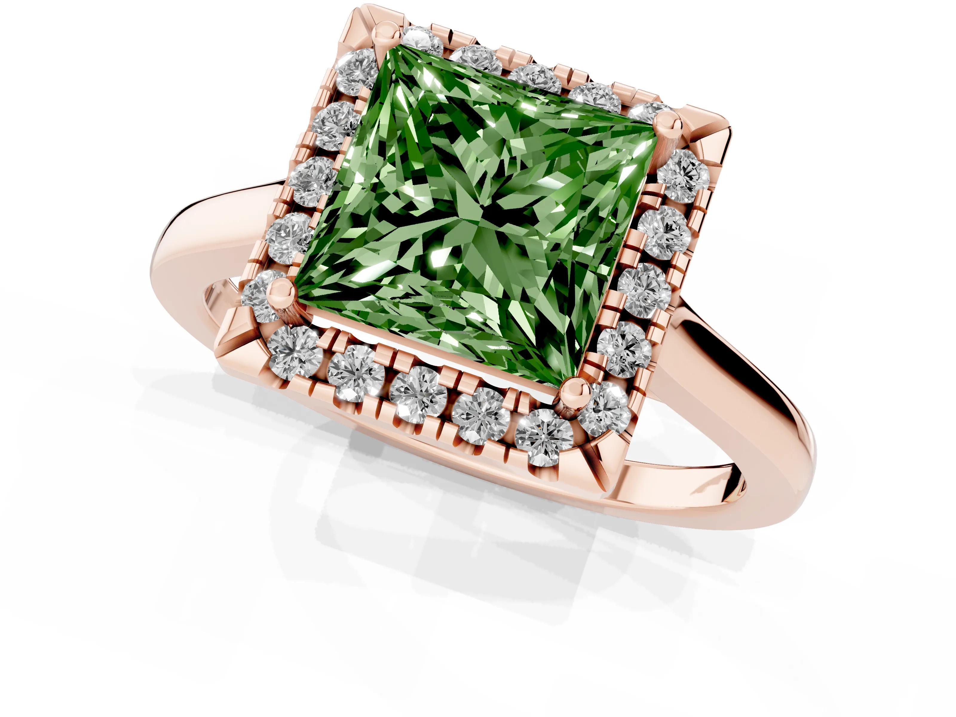 Fancy Green Princess Cut Halo Round Diamond Solitaire Ring Set in Rose gold with Pavé Band and Prong Setting