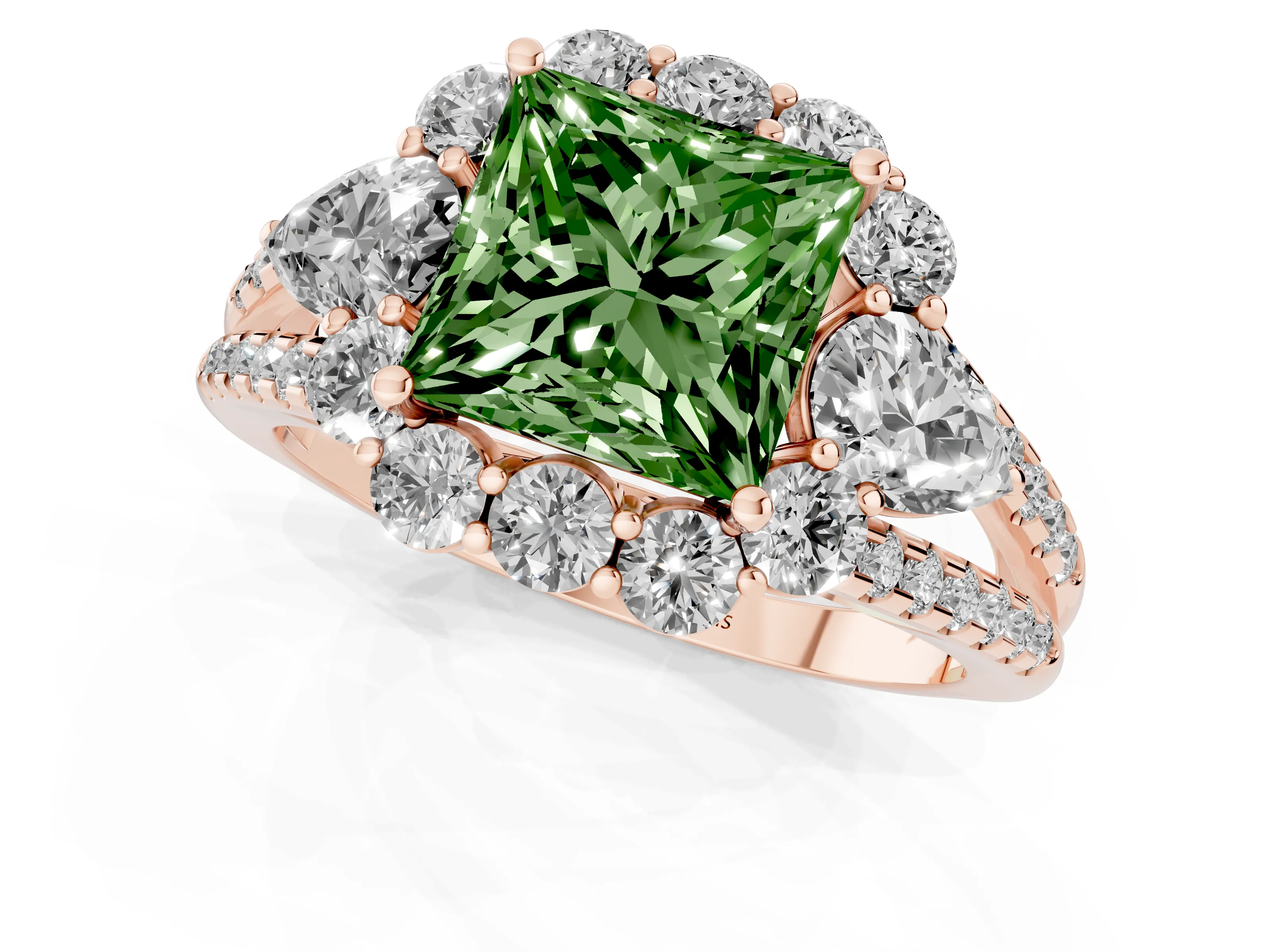 Fancy Green Princess Cut Diamond Halo Split Shank Engagement Ring Set in Rose gold with Prong-Held Center Stone