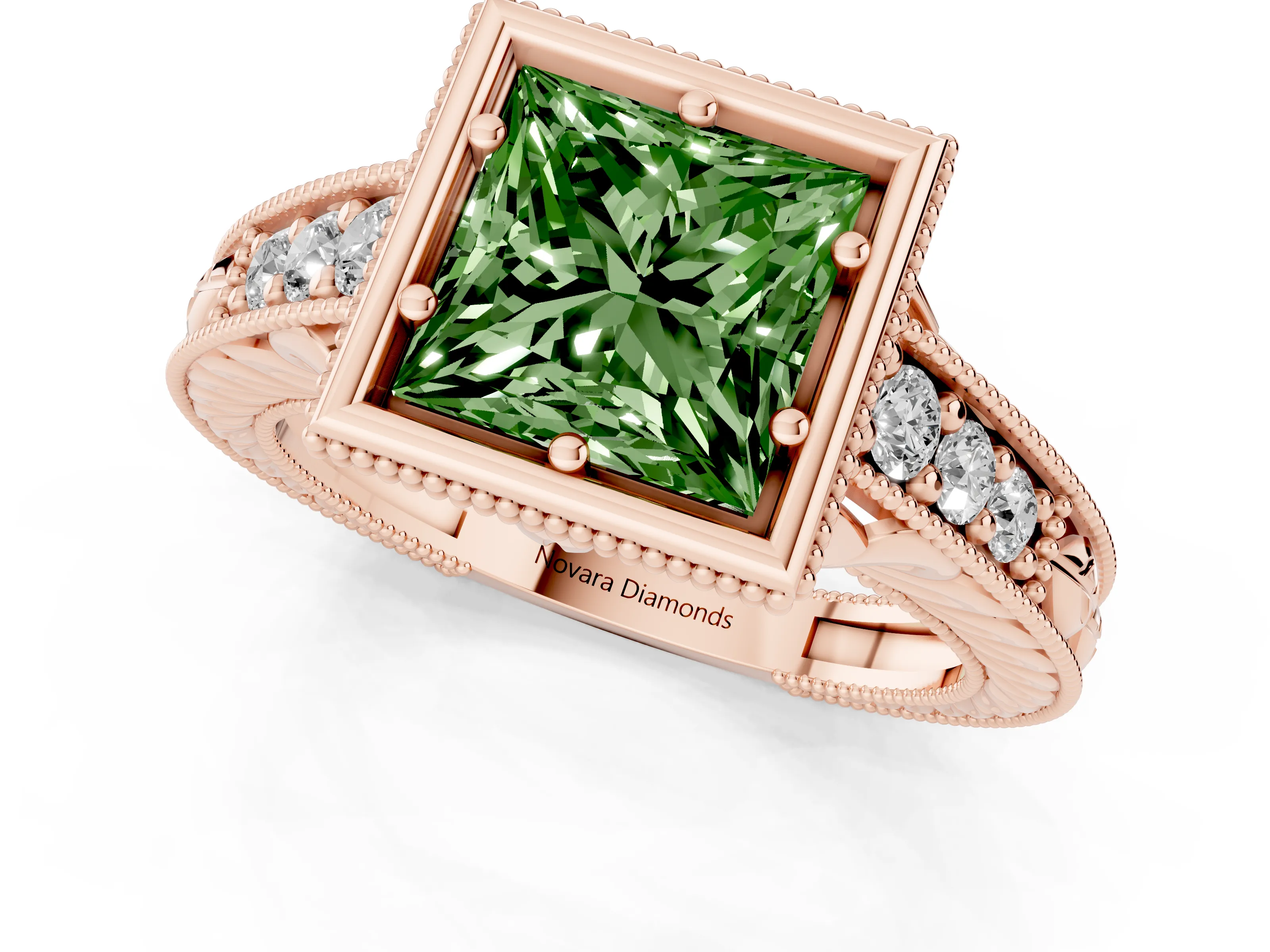 Fancy Green Bezel Set Princess Cut Diamond Milgrain Pavé Engagement Ring Set in Rose gold
