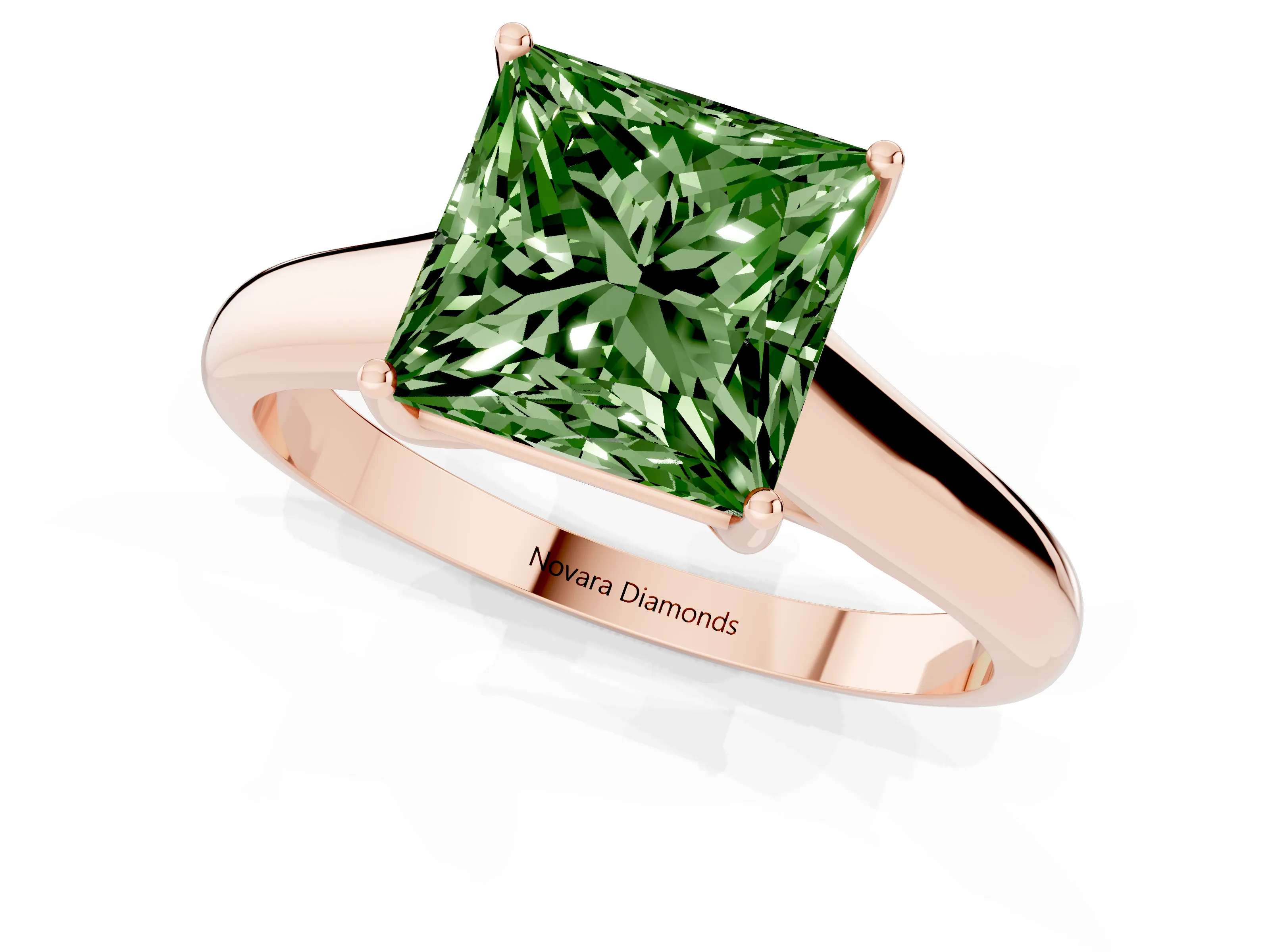 Fancy Green Princess Cut Diamond Solitaire Engagement Ring Set in Rose gold with Subtly Tapered Band and Prong Setting