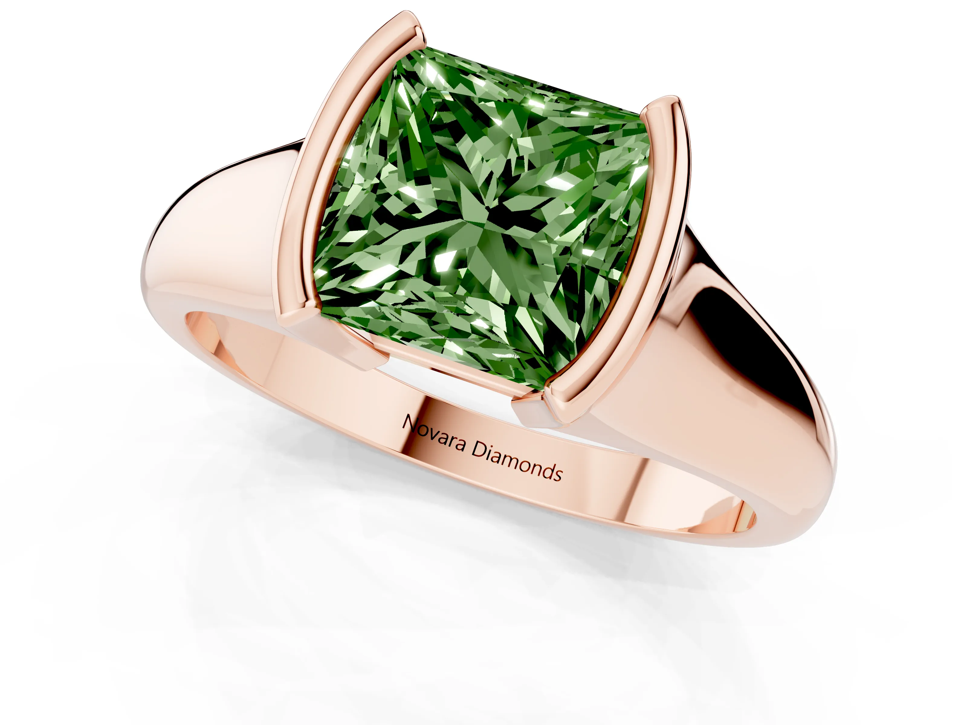 Fancy Green Princess Cut Diamond Solitaire Tension Set Ring Set in Rose gold with Split Shank Band