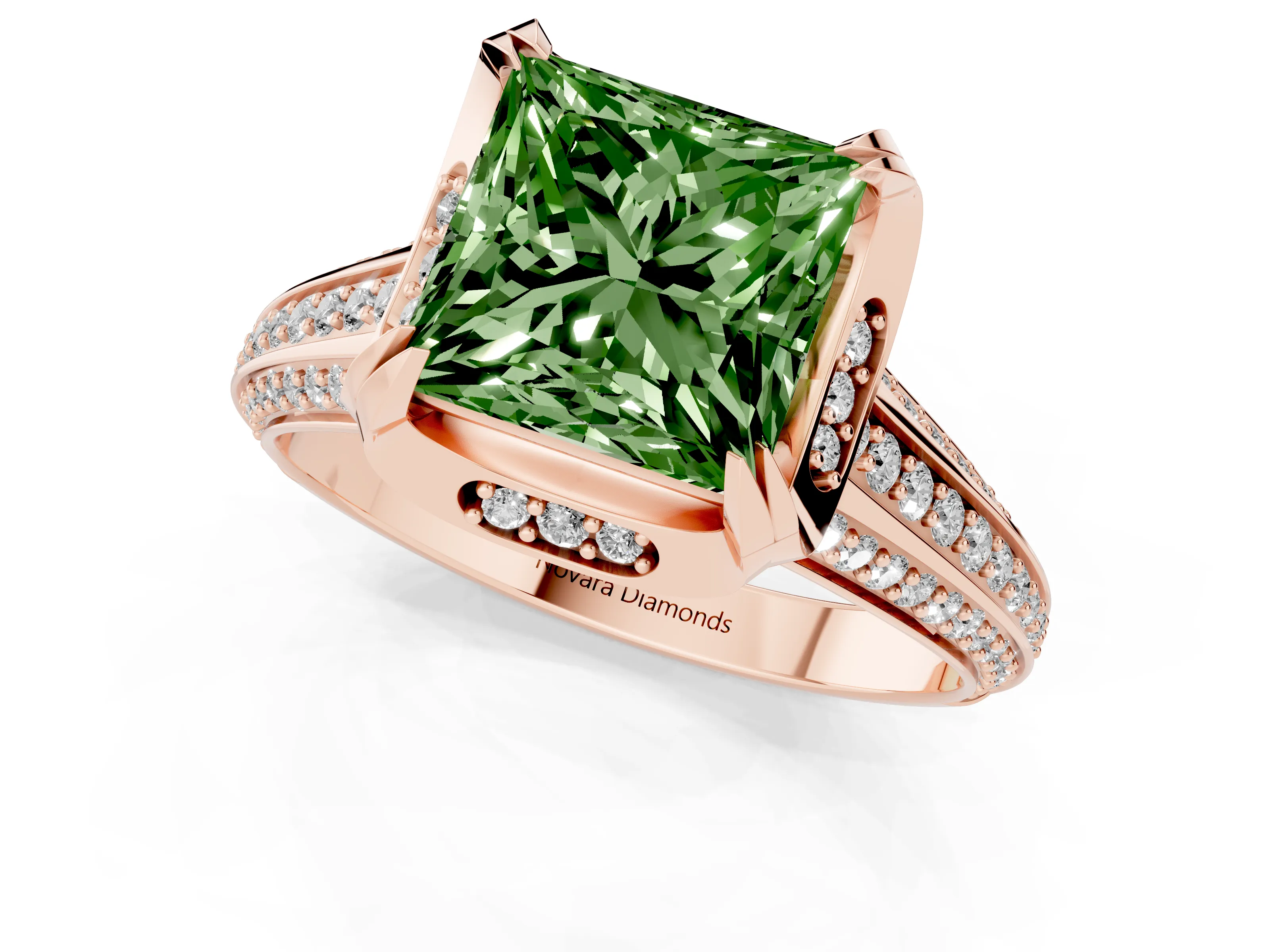 Fancy Green Princess Cut Diamond Pavé Split Shank Solitaire Ring Set in Rose gold with Prong Setting