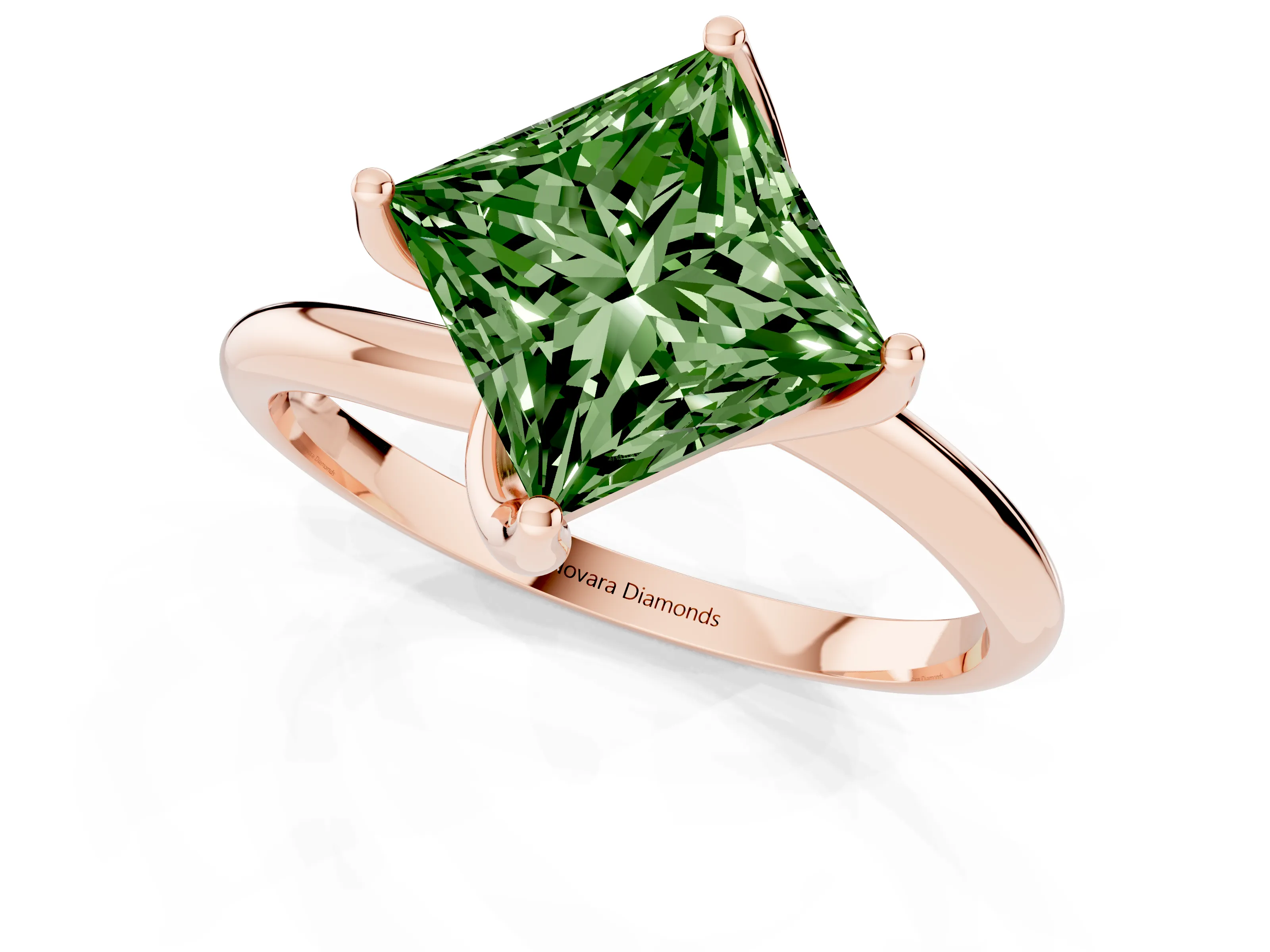 Fancy Green Princess Cut Diamond Solitaire Engagement Ring Set in Rose gold with Classic Plain Band