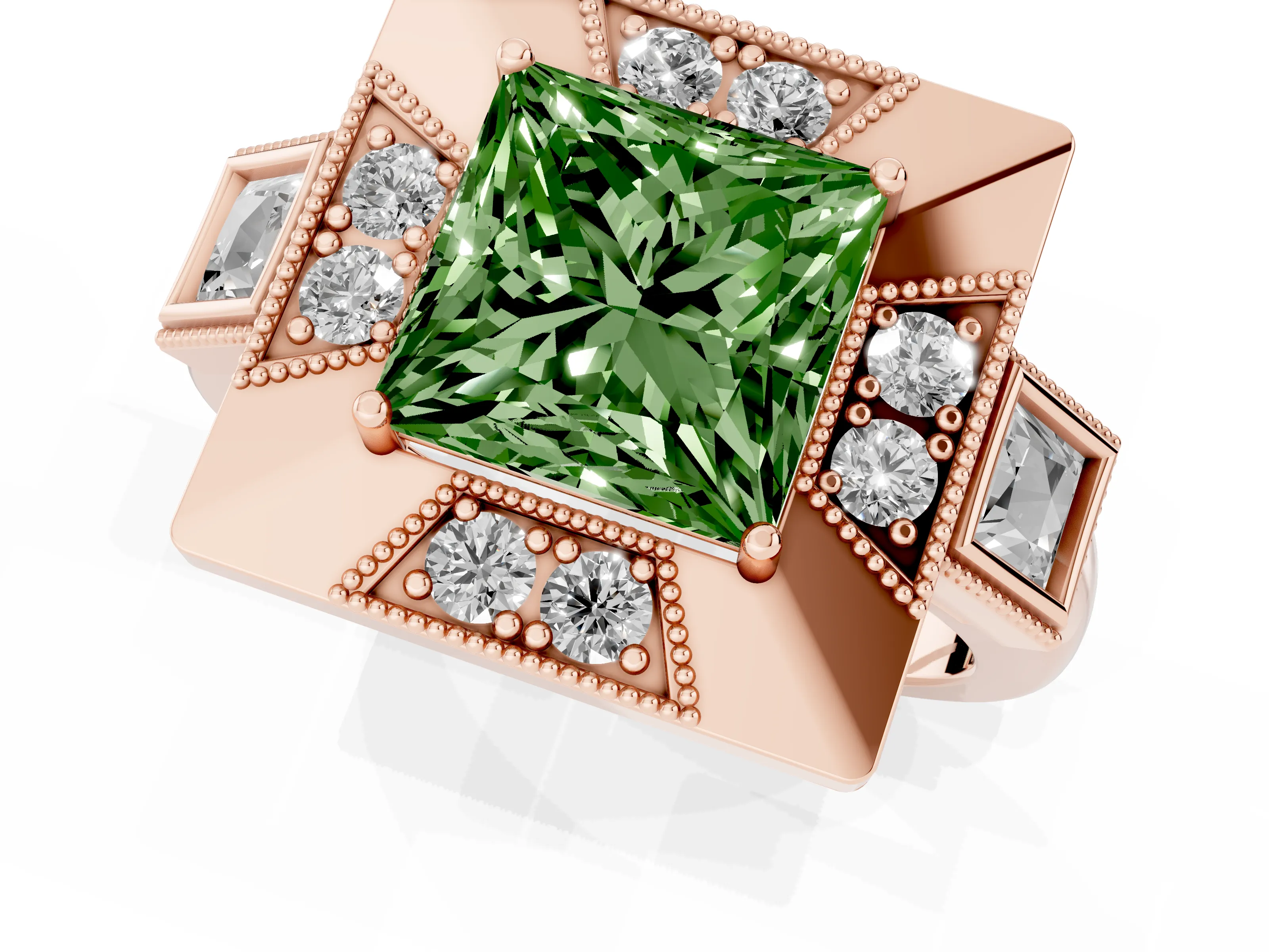 Fancy Green Princess Cut Diamond Milgrain Halo Ring Set in Rose gold with Split Shank
