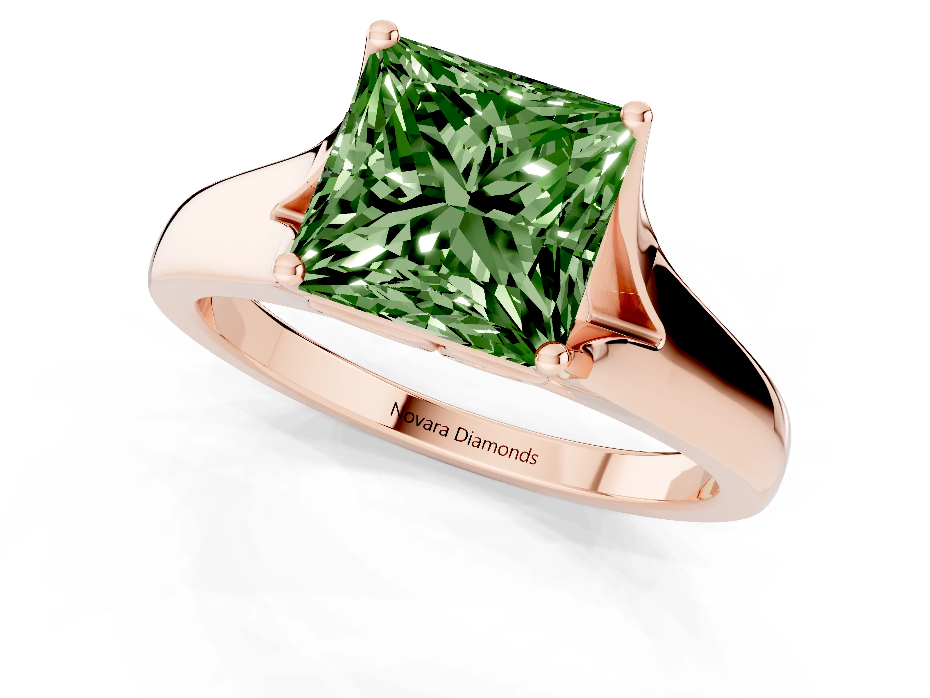 Fancy Green Princess Cut Diamond Solitaire Ring Set in Rose gold with Arched Cathedral Band and Prong Setting