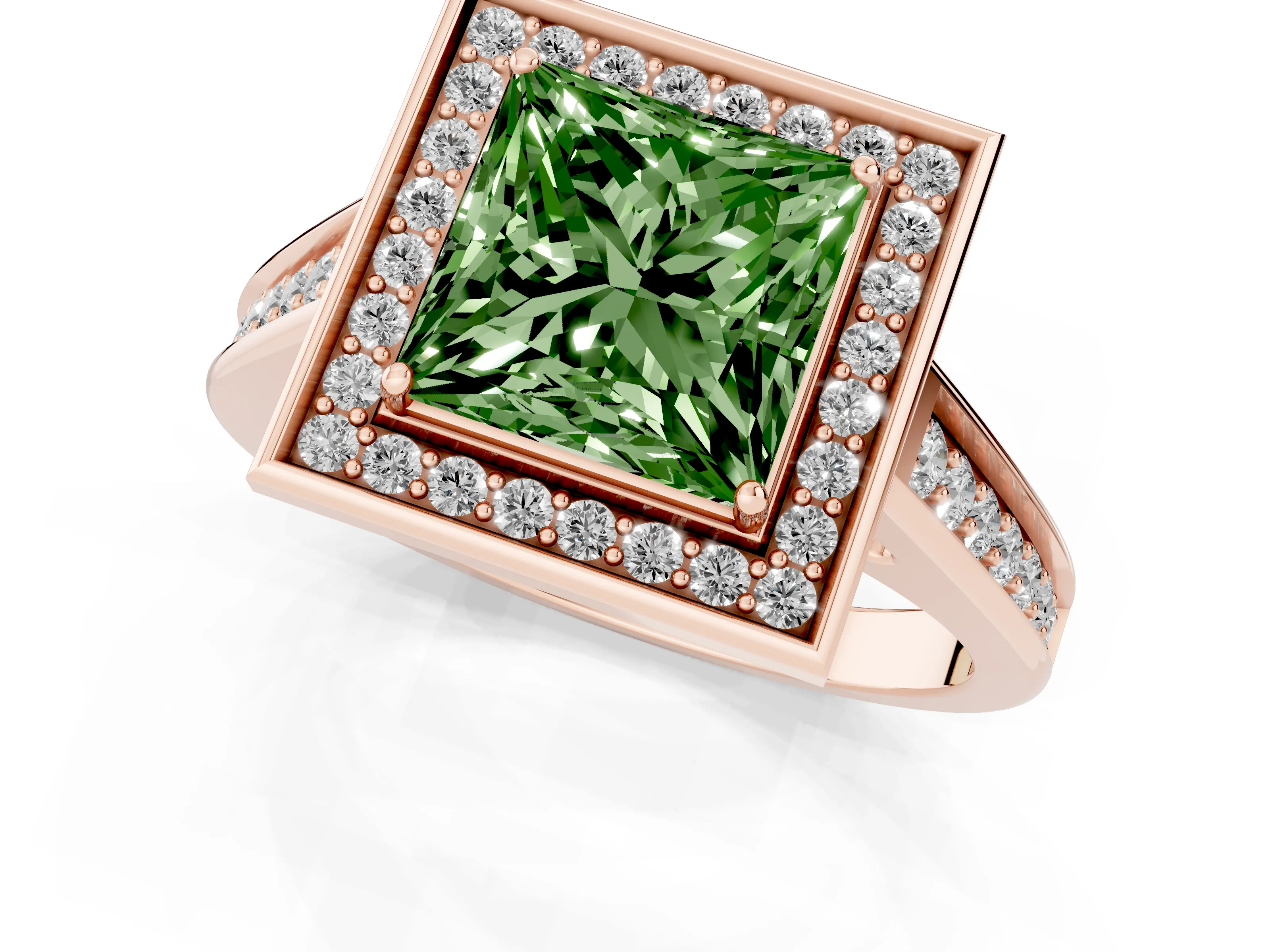 Fancy Green Princess Cut Diamond Halo Solitaire Ring Set in Rose gold with Pavé Band and Bezel Setting