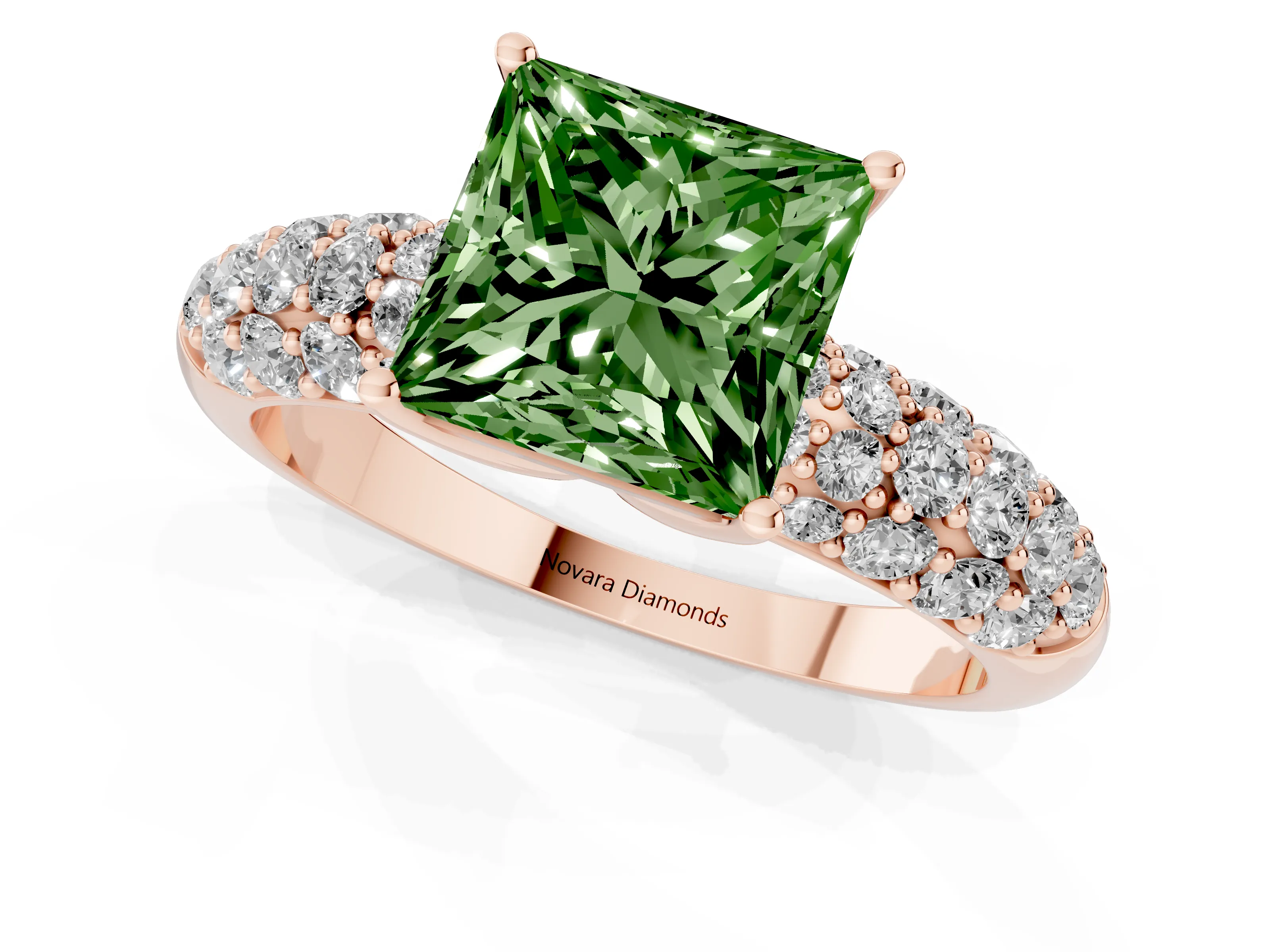 Fancy Green Princess Cut Diamond Pavé Band Solitaire Ring Set in Rose gold with Close-Set Accent Stones and Prong Setting