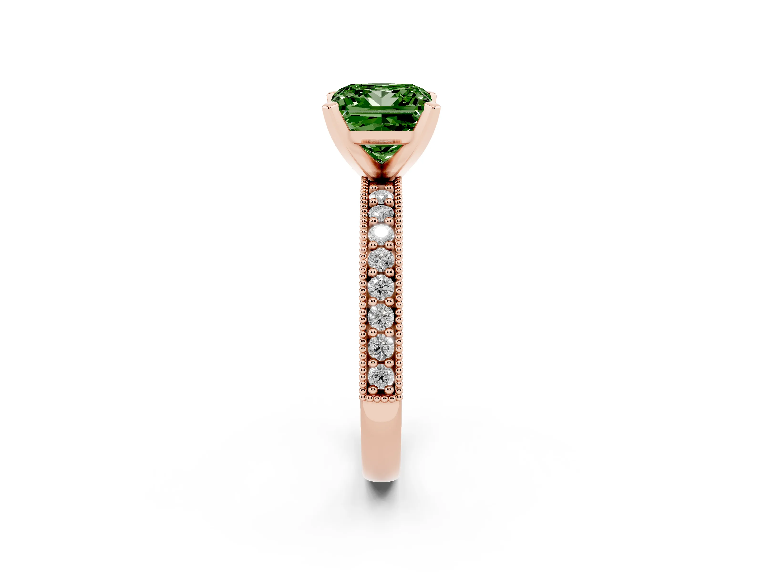 Fancy Green Princess Cut Diamond Milgrain Pavé Engagement Ring Set in Rose gold with Prong Setting