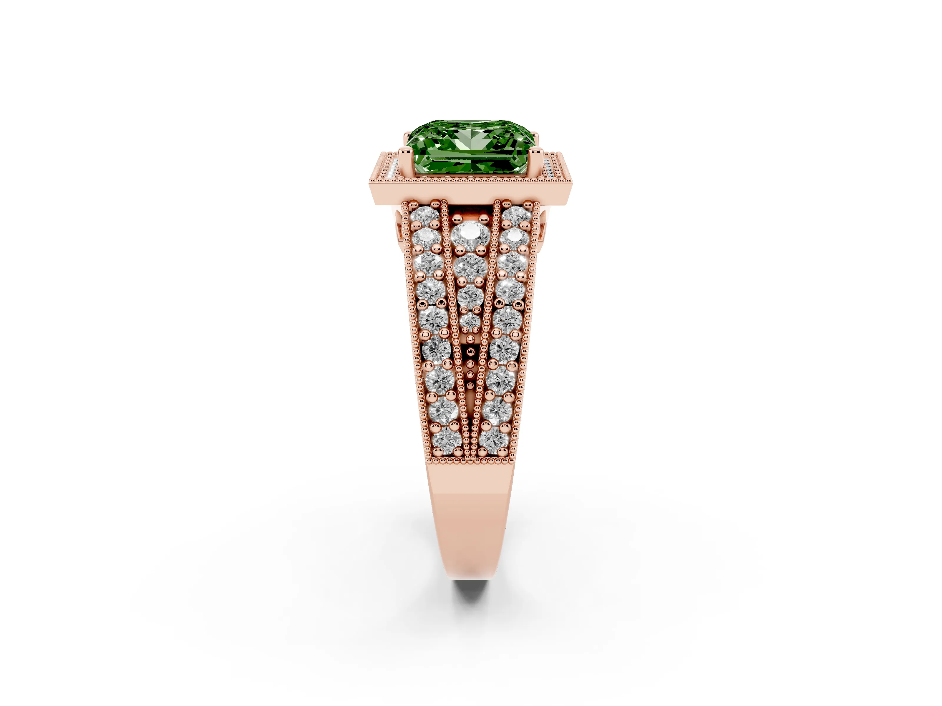 Fancy Green Princess Cut Diamond Halo Ring Set in Rose gold with Accent Split Shank and Prong Setting