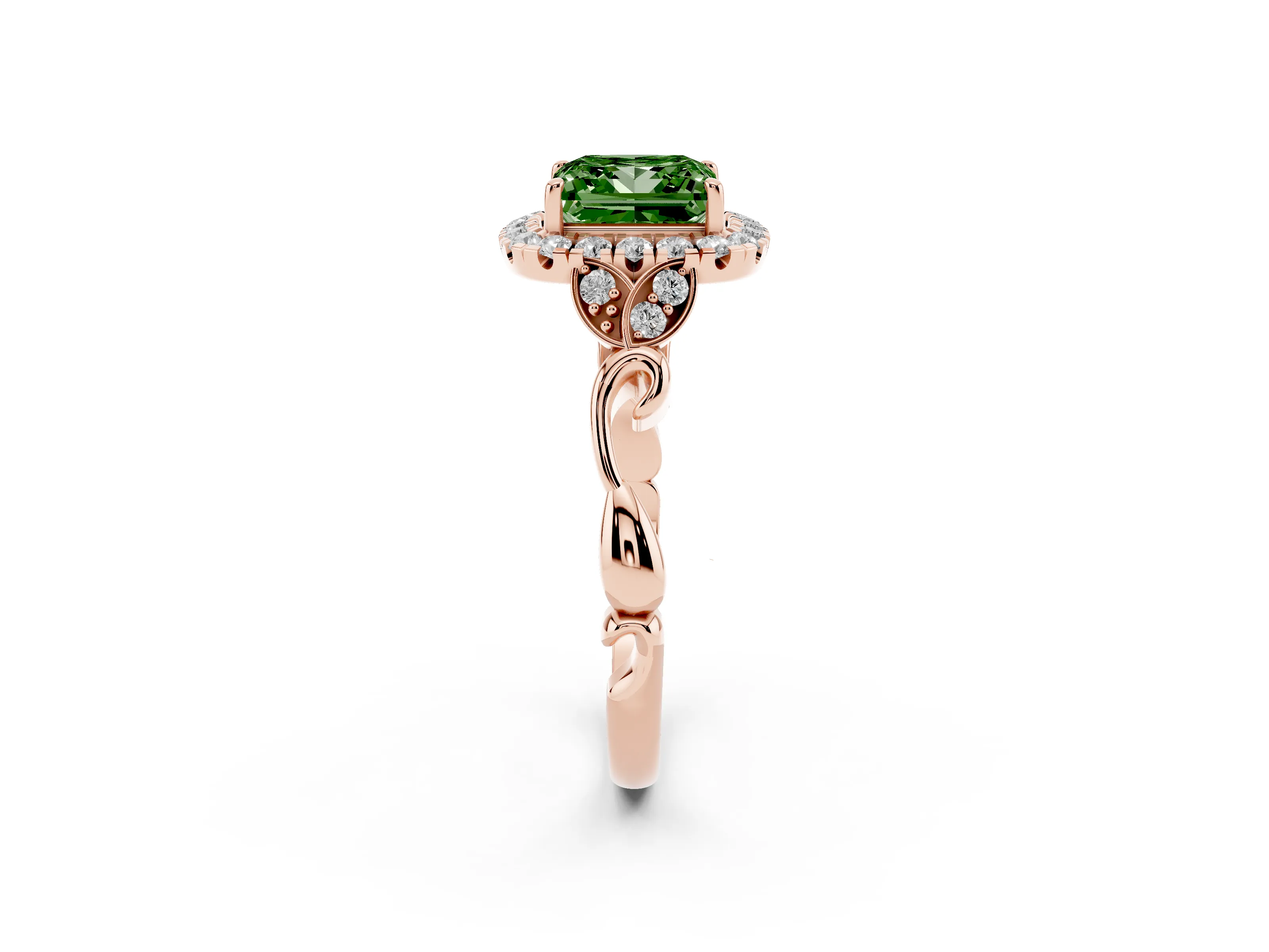 Fancy Green Princess Cut Diamond Halo Engagement Ring Set in Rose gold with Vintage-Inspired Band and Prong Setting