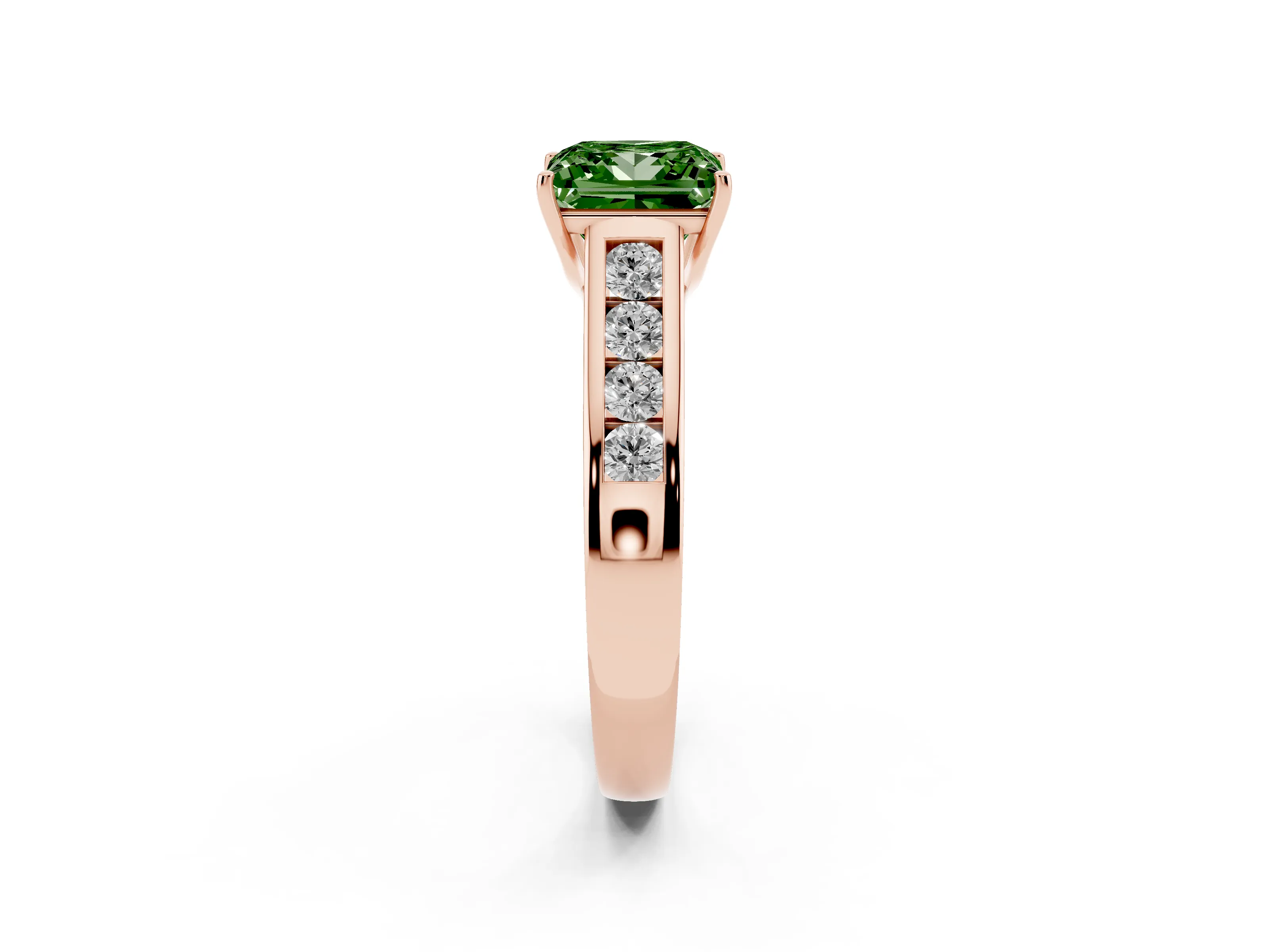 Fancy Green Princess Cut Diamond Solitaire Channel-Set Engagement Ring Set in Rose gold with Prong Setting
