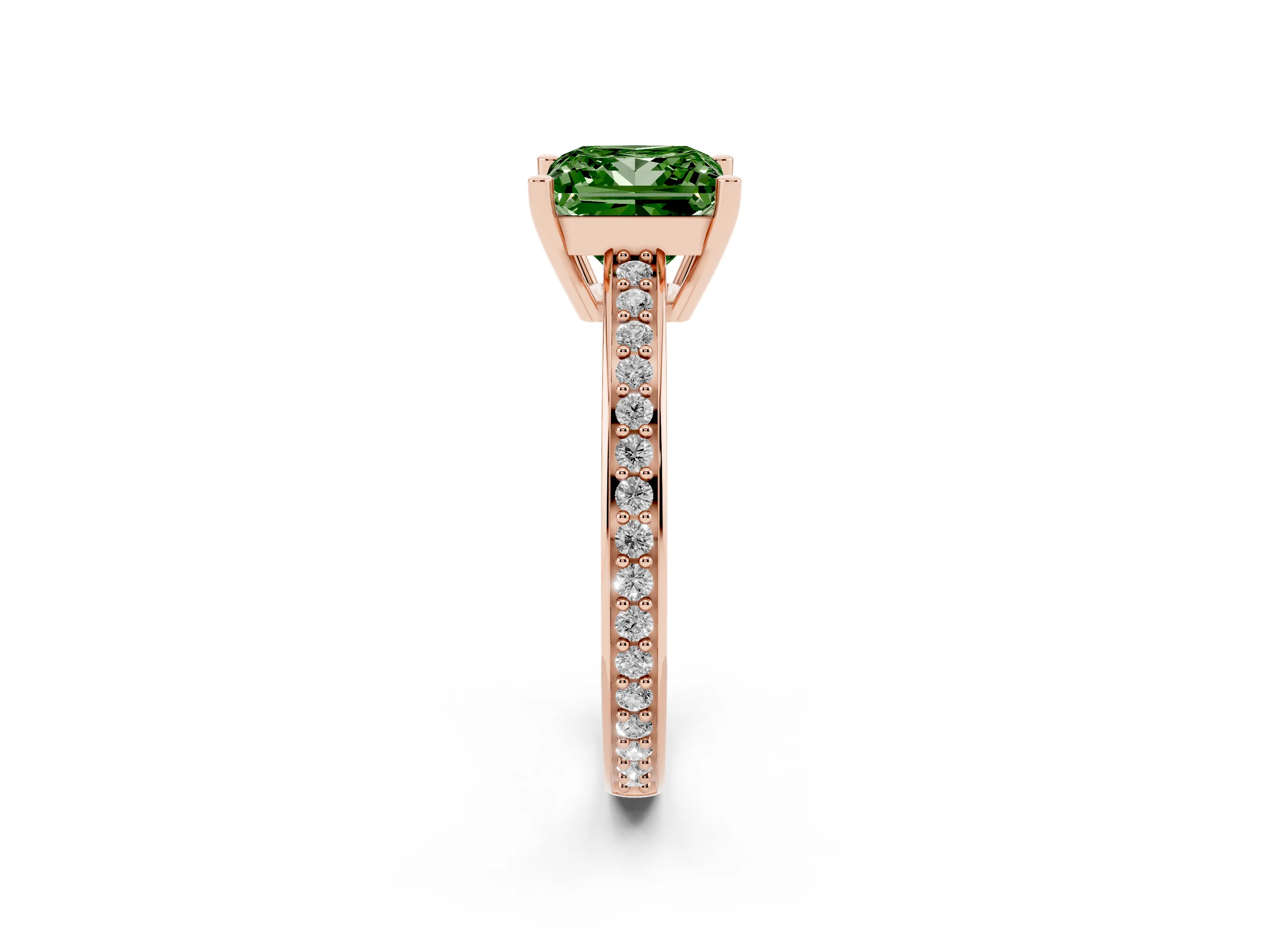 Fancy Green Princess Cut Diamond Pavé Band Prong Set Solitaire Ring Set in Rose gold