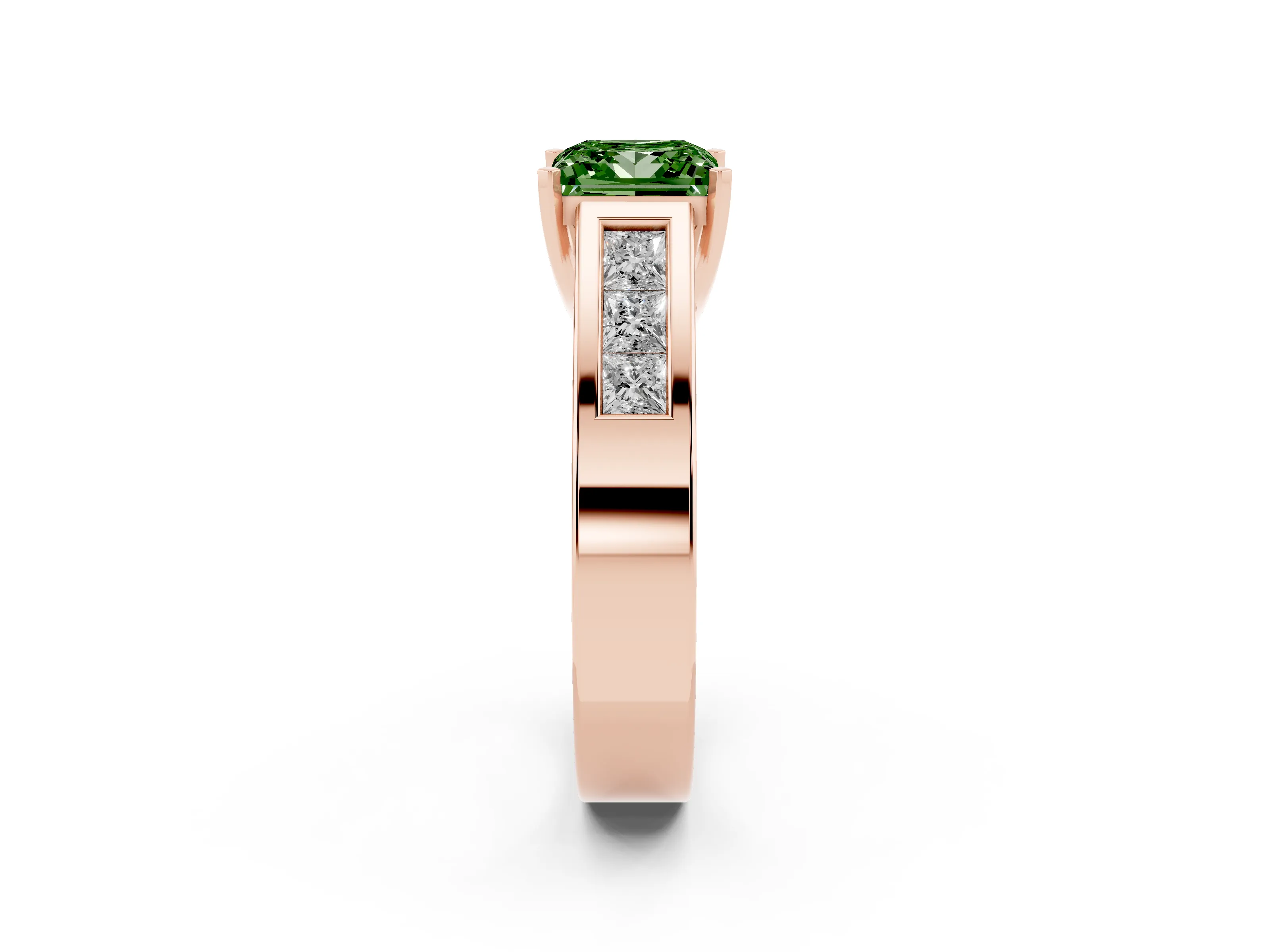 Fancy Green Princess Cut Diamond Solitaire Ring Set in Rose gold with Channel-Set Accent Stones and Prong Setting