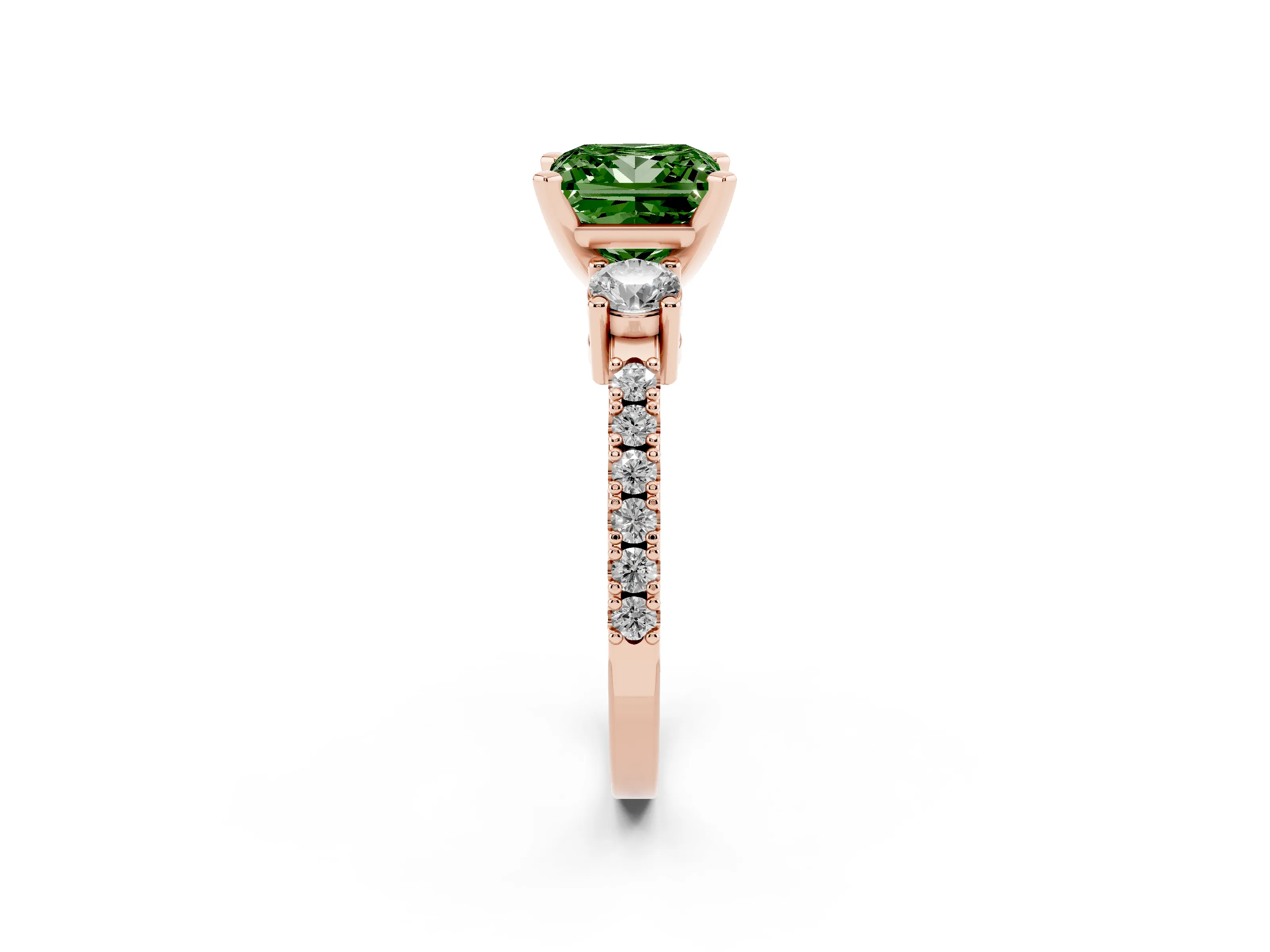 Fancy Green Three-Stone Princess Cut Diamond Pavé Band Ring Set in Rose gold with Prong Setting