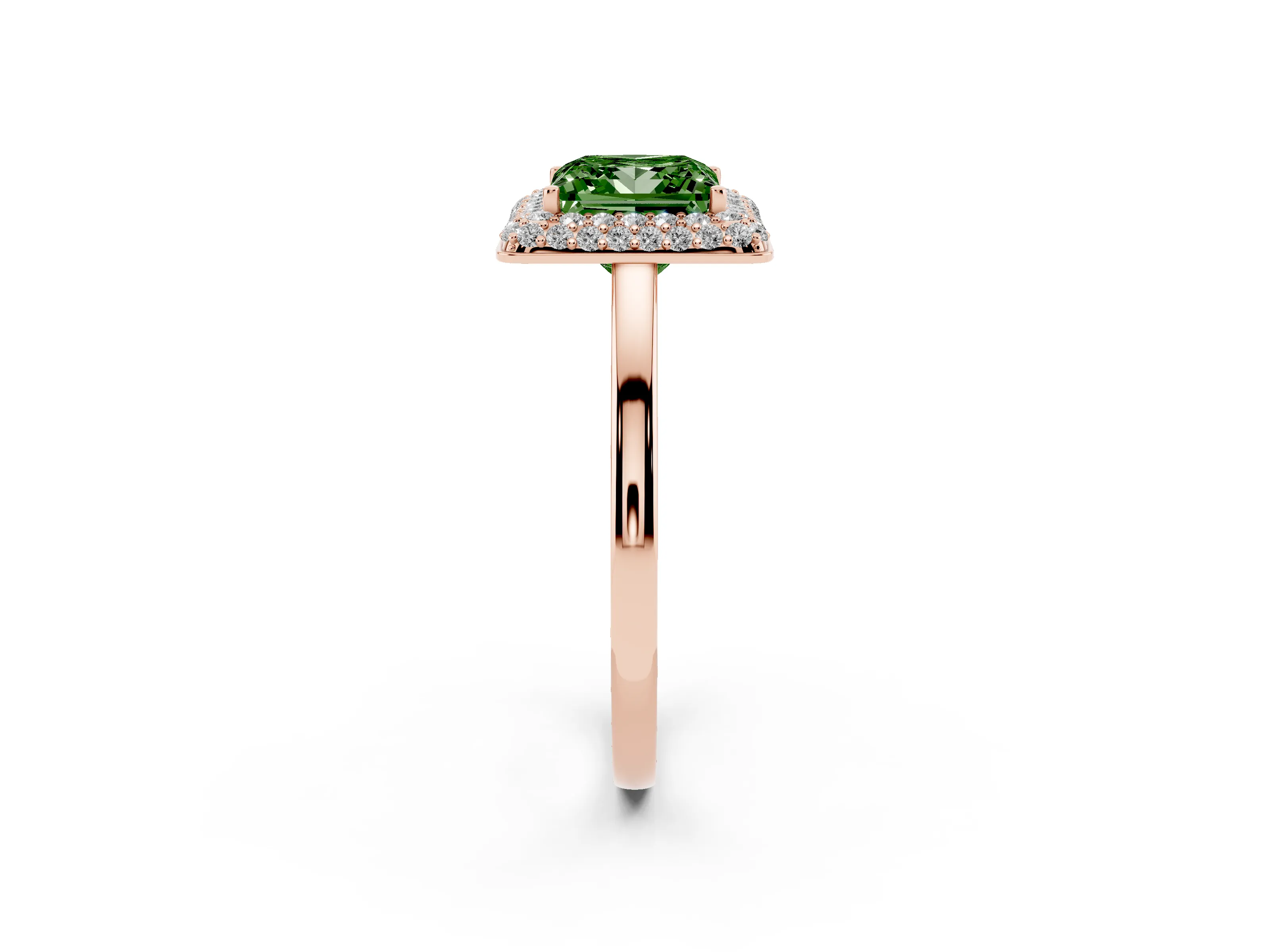 Fancy Green Princess Cut Diamond Halo Engagement Ring Set in Rose gold with Solitaire Band and Prong Setting
