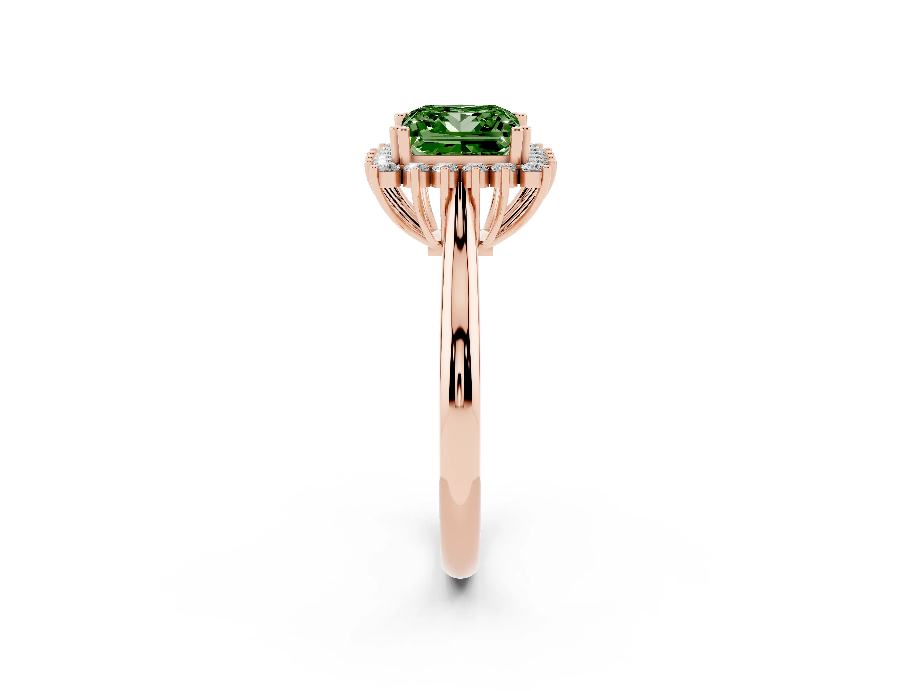 Fancy Green Princess Cut Diamond Halo Ring Set in Rose gold with Plain Solitaire Band and Prong Setting