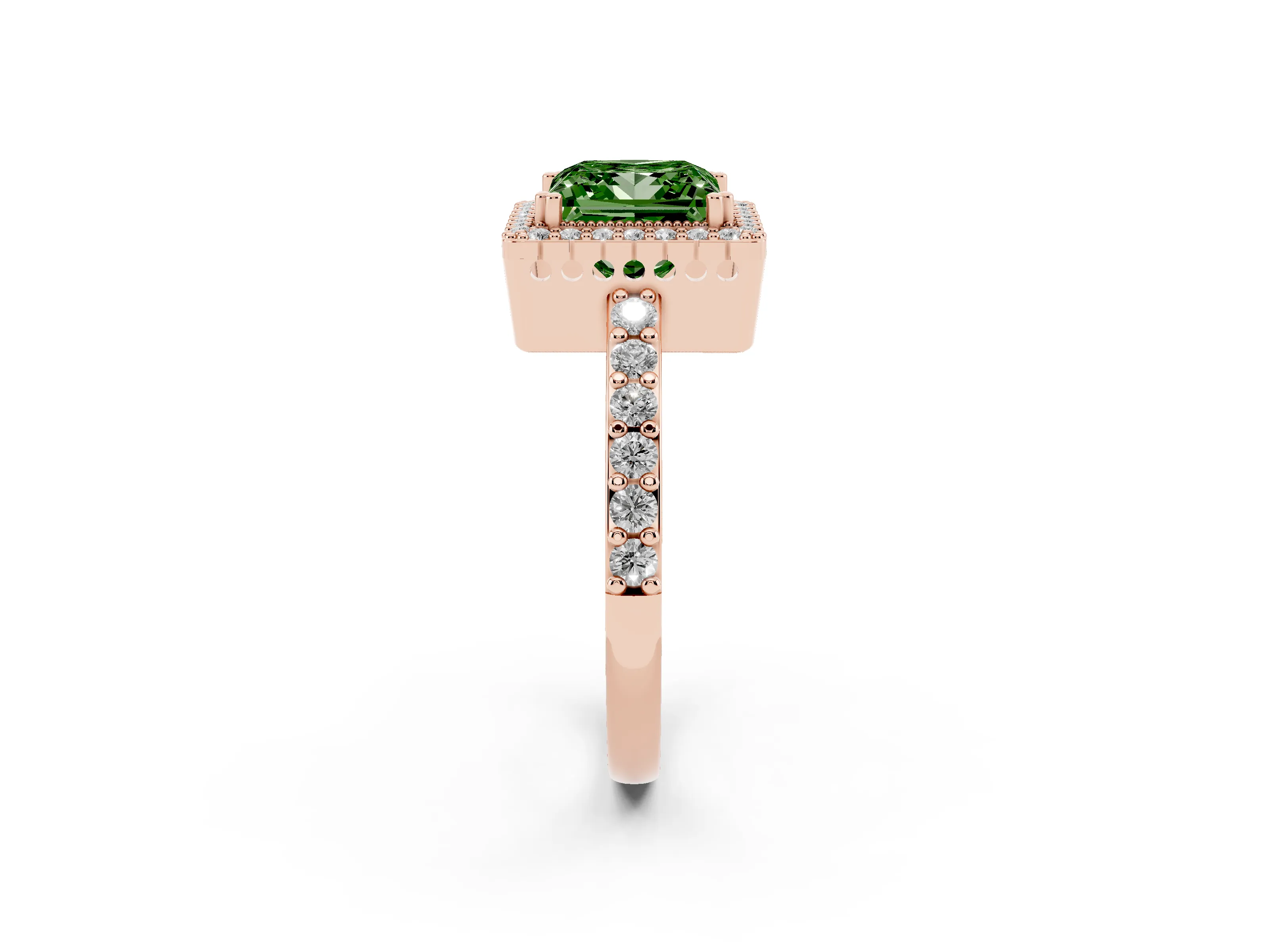 Fancy Green Princess Cut Diamond Halo Engagement Ring Set in Rose gold with Milgrain Detail and Pavé Band