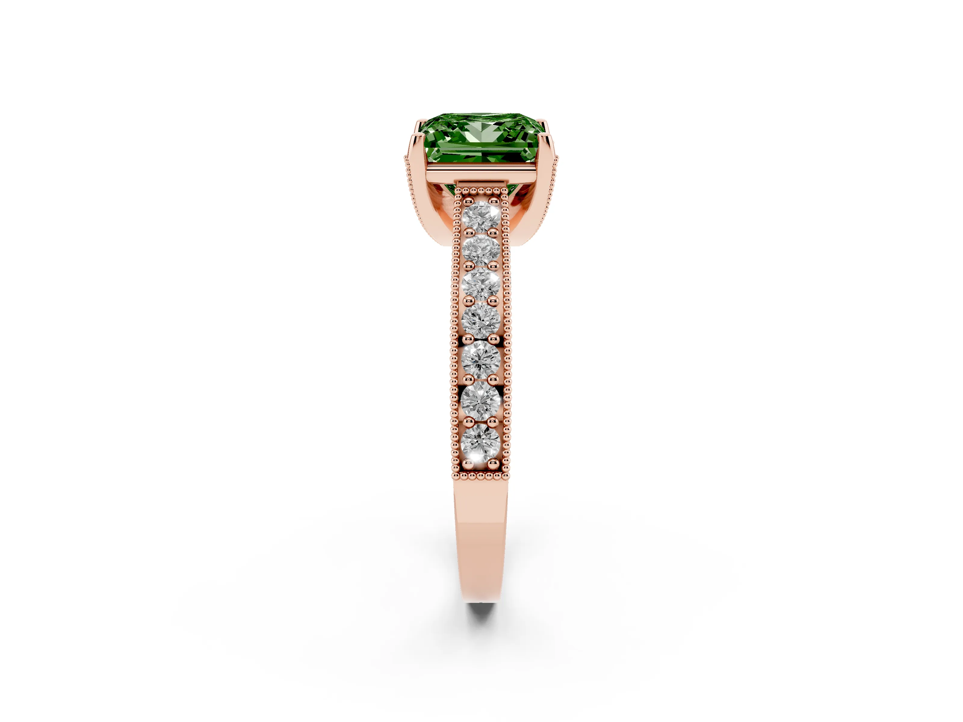 Fancy Green Princess Cut Diamond Solitaire Ring Set in Rose gold with Milgrain-Edged Pavé Band and Prong Setting