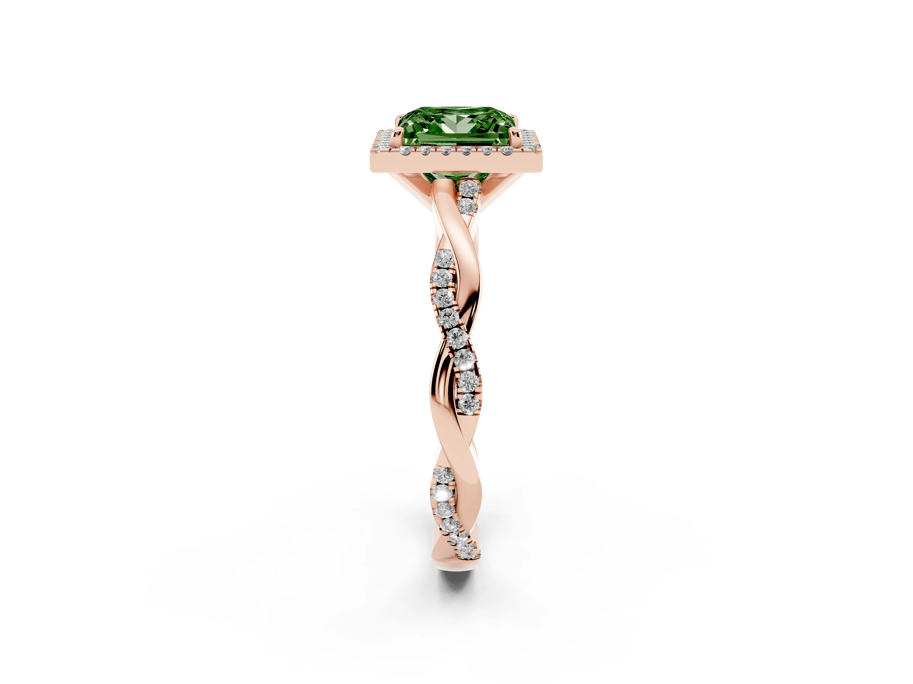 Fancy Green Princess Cut Diamond Halo Twisted Band Ring Set in Rose gold with Prong Setting