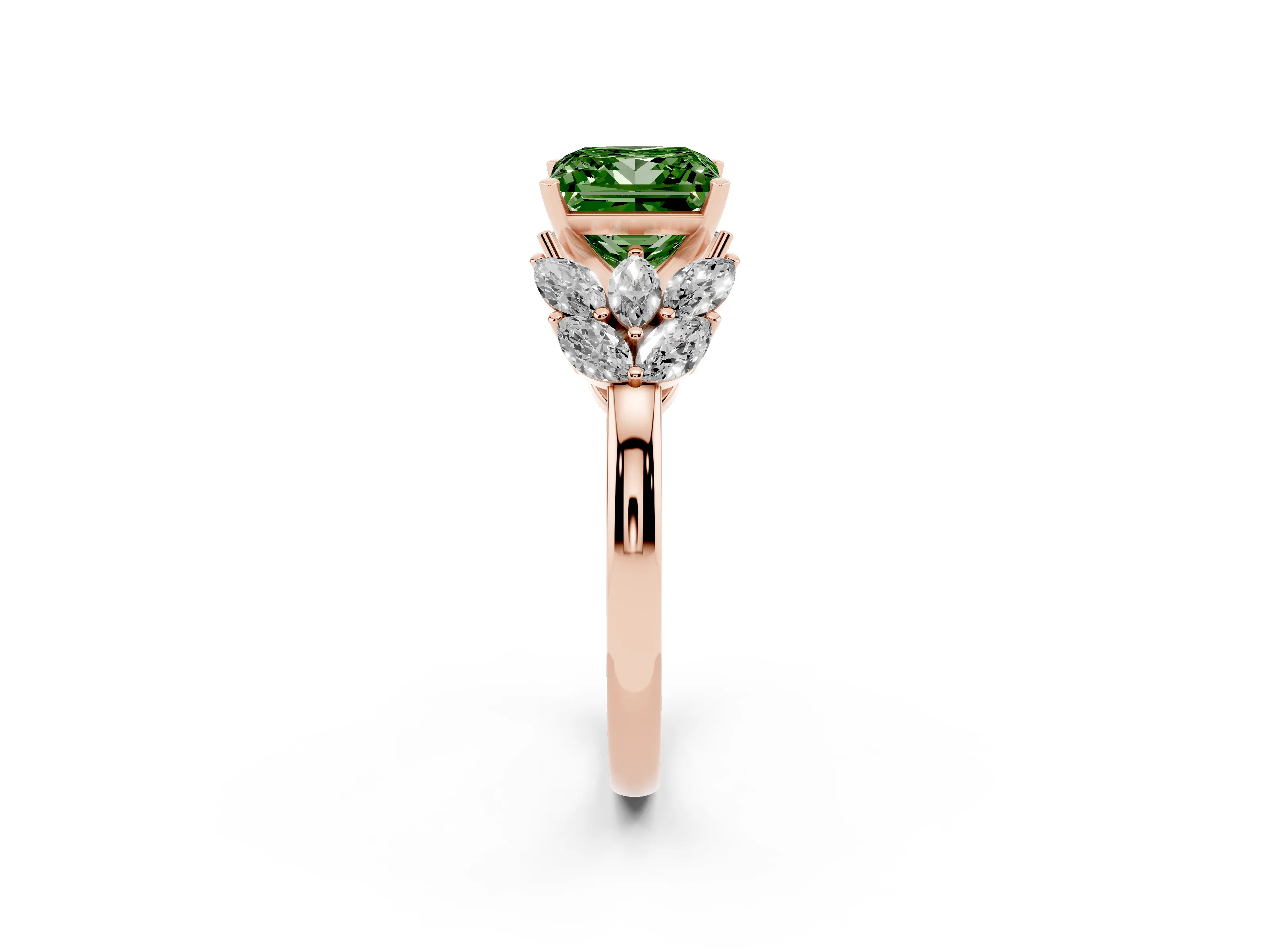Fancy Green Princess Cut Diamond Cluster Leaf Design Ring Set in Rose gold with Prong Setting