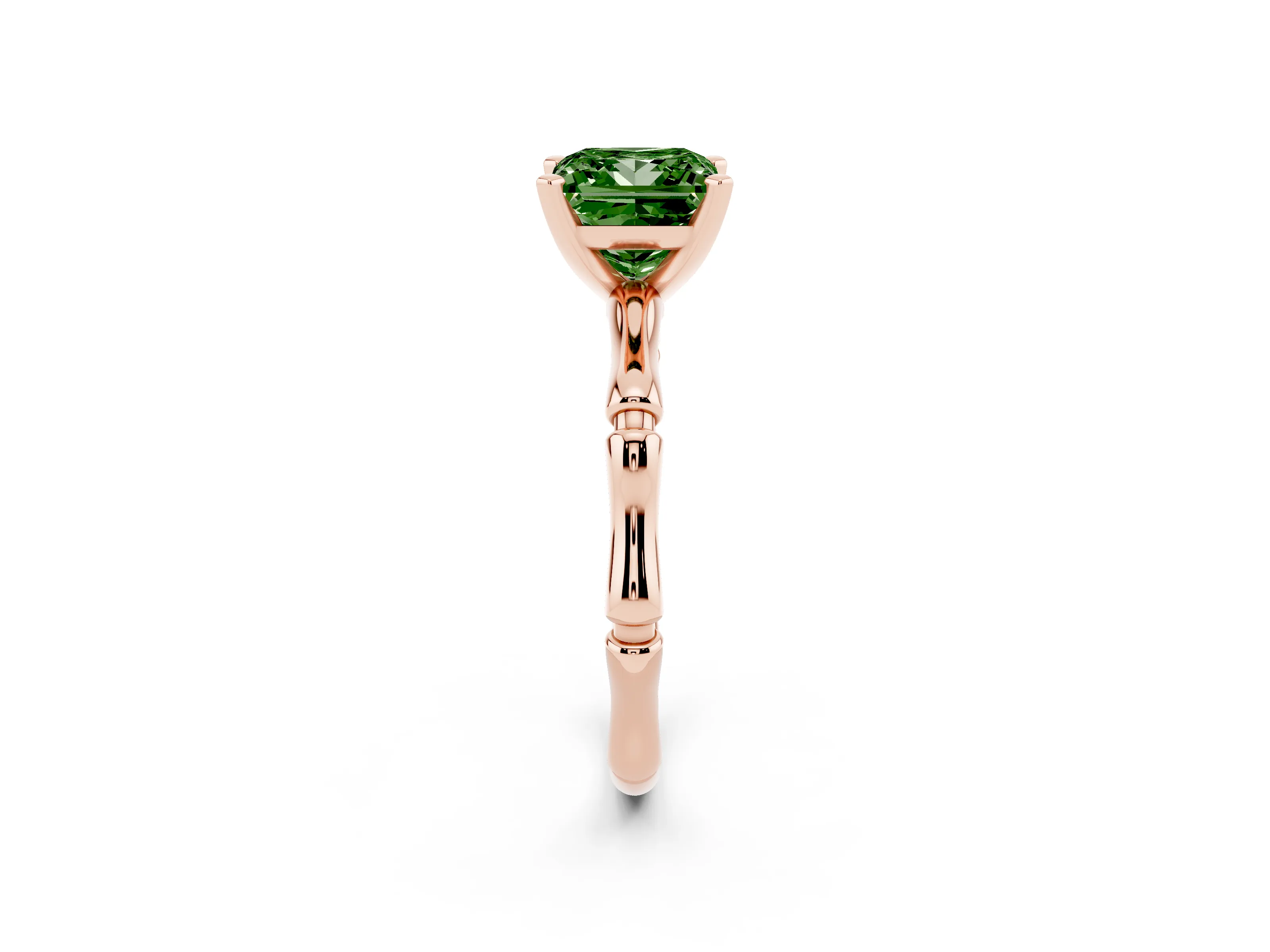 Fancy Green Princess Cut Diamond Solitaire Ring Set in Rose gold with Bamboo Band and Prong Setting