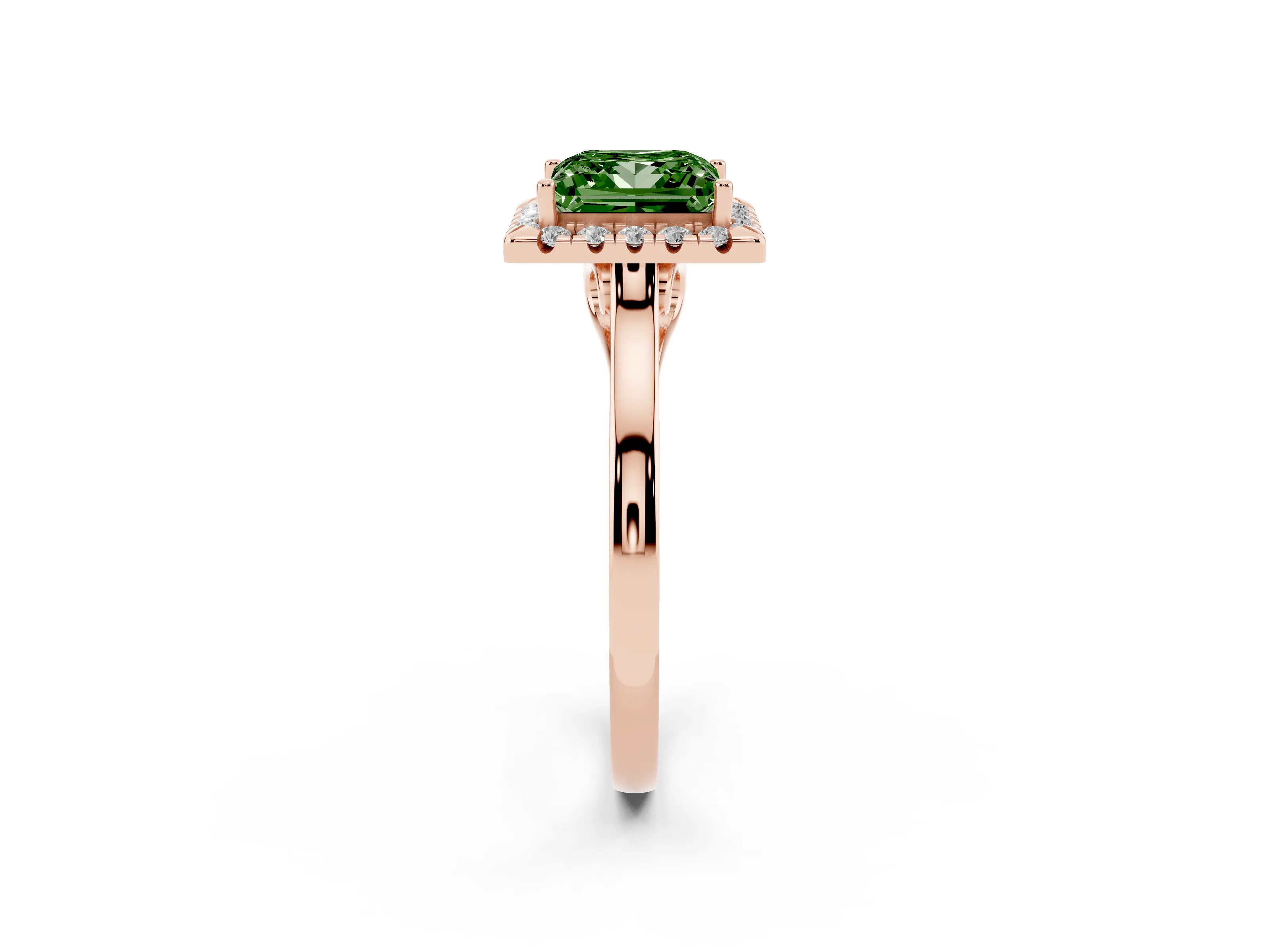 Fancy Green Princess Cut Halo Round Diamond Solitaire Ring Set in Rose gold with Pavé Band and Prong Setting