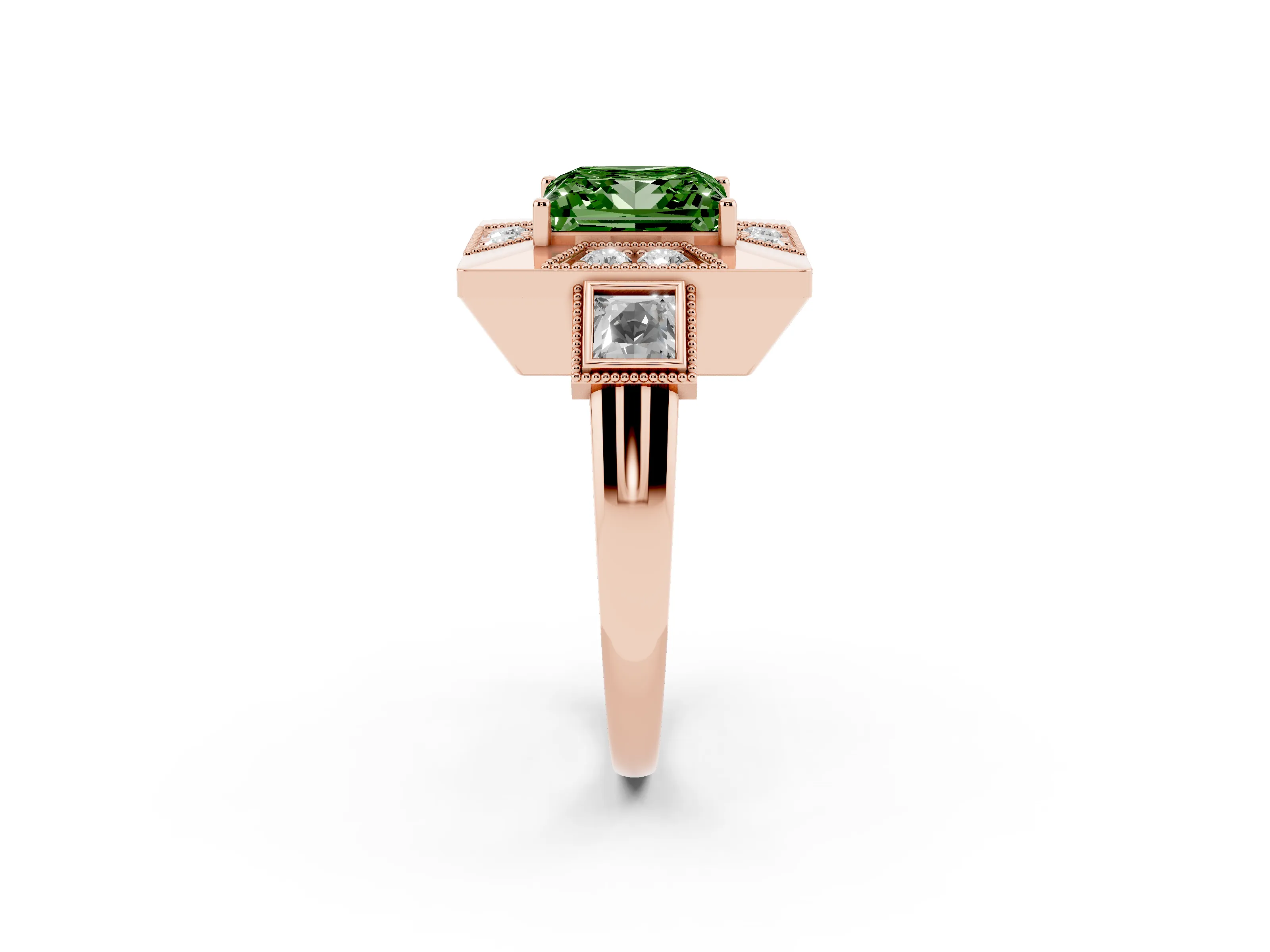 Fancy Green Princess Cut Diamond Milgrain Halo Ring Set in Rose gold with Split Shank