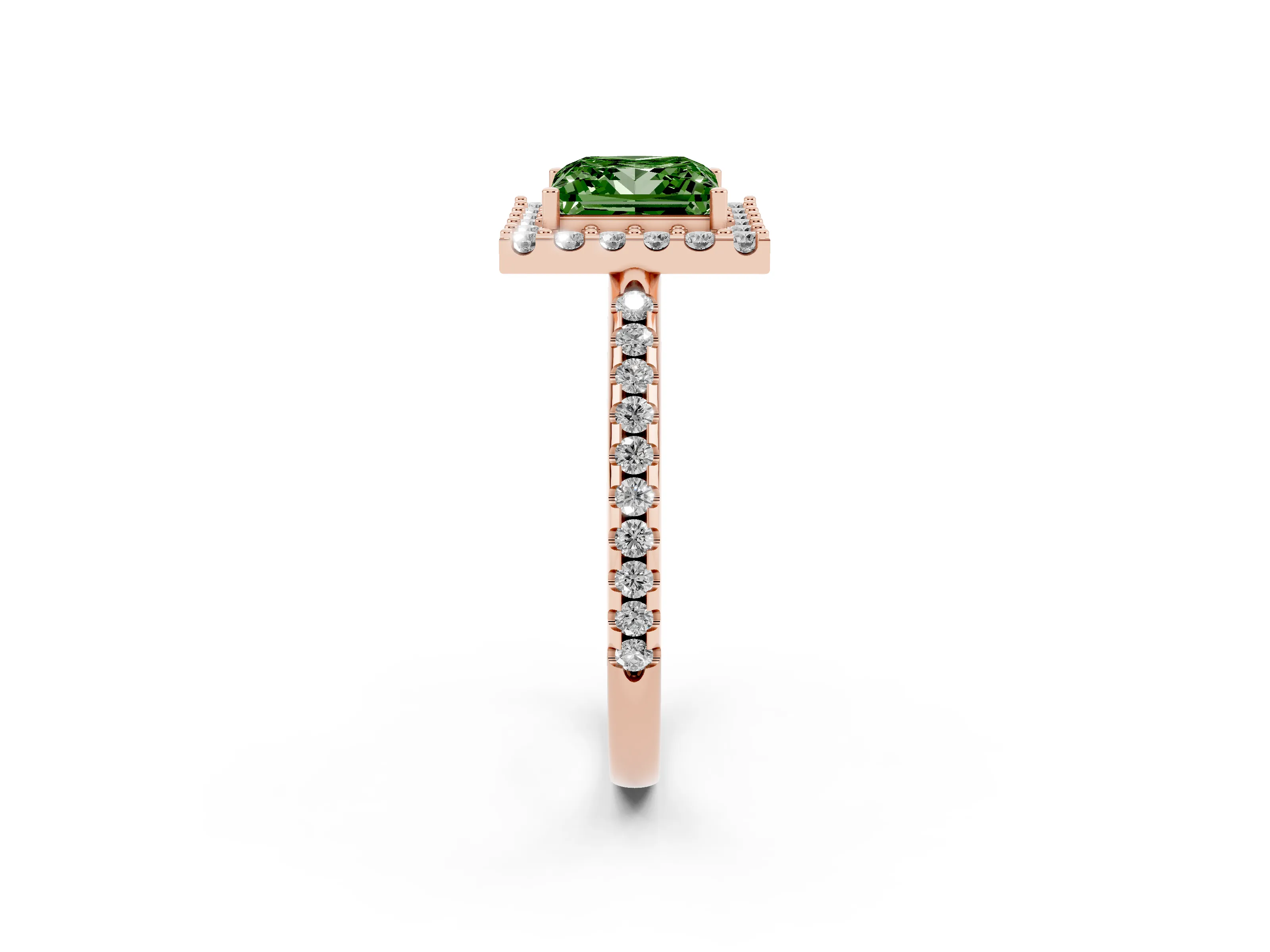 Fancy Green Princess Cut Diamond Pavé Halo Ring Set in Rose gold with Prong Setting