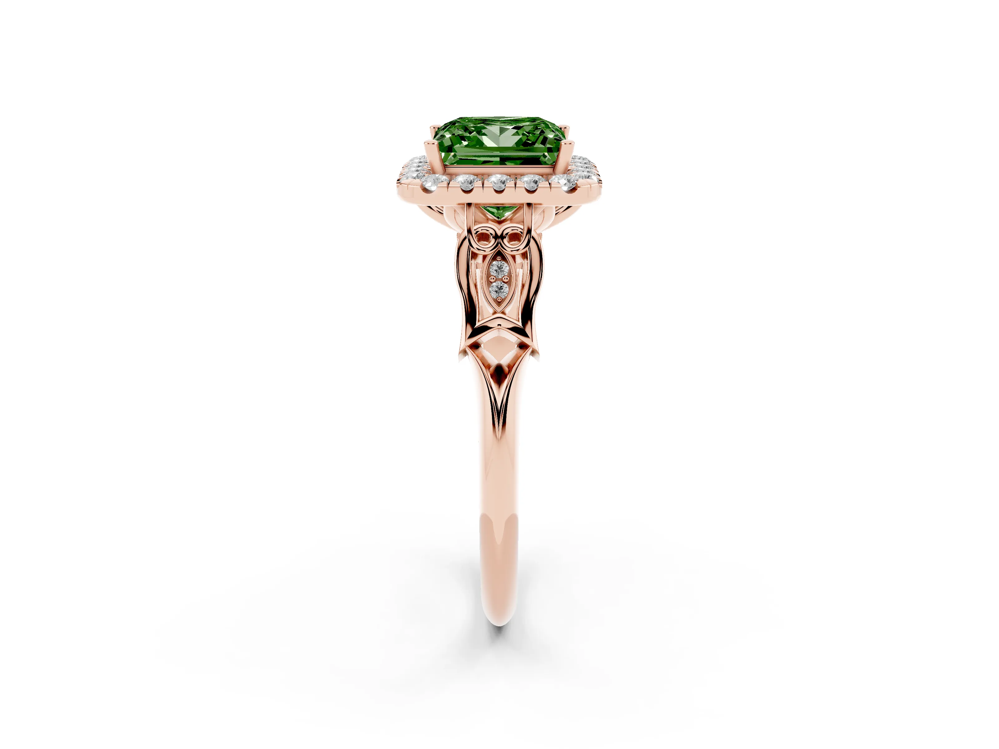 Fancy Green Princess Cut Diamond Halo Engagement Ring Set in Rose gold with Filigree Band and Prong-Set Center
