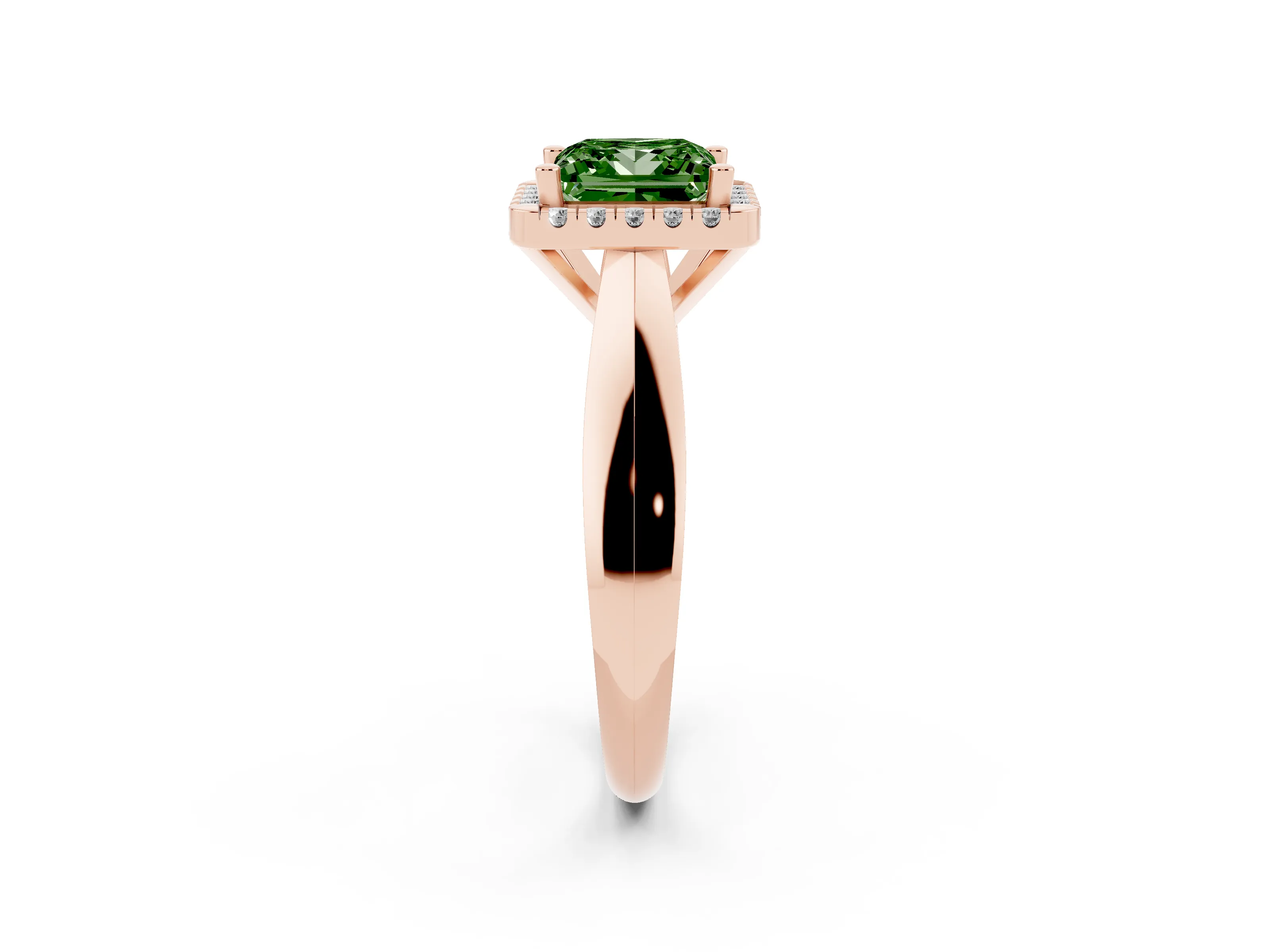 Fancy Green Princess Cut Diamond Halo Solitaire Engagement Ring Set in Rose gold with Square Band and Prong Setting