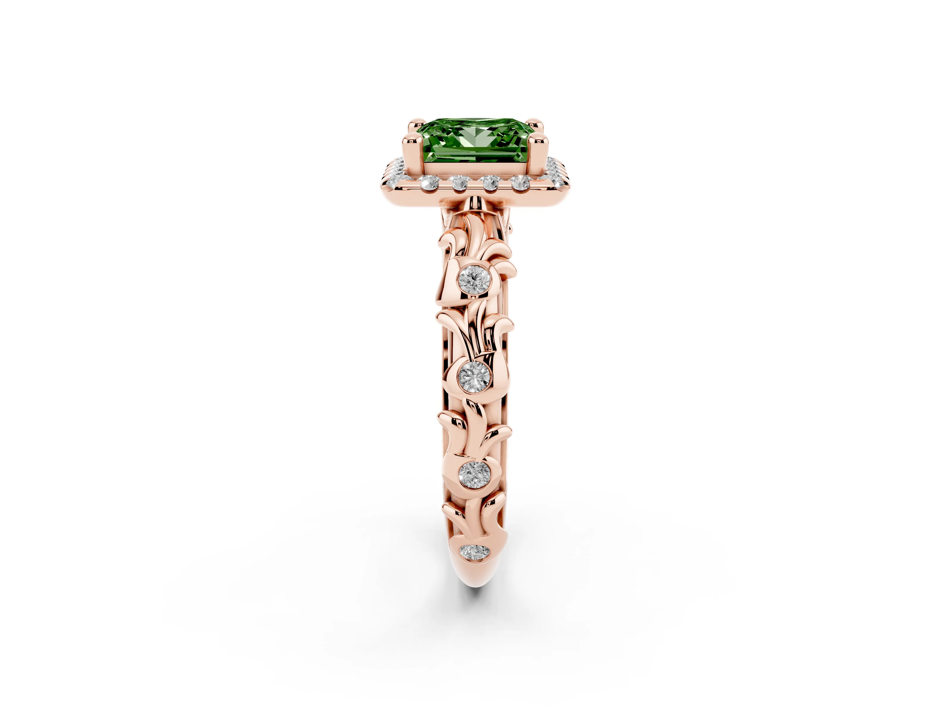 Fancy Green Princess Cut Diamond Halo Ring Set in Rose gold with Filigree Leaf Band and Prong Setting