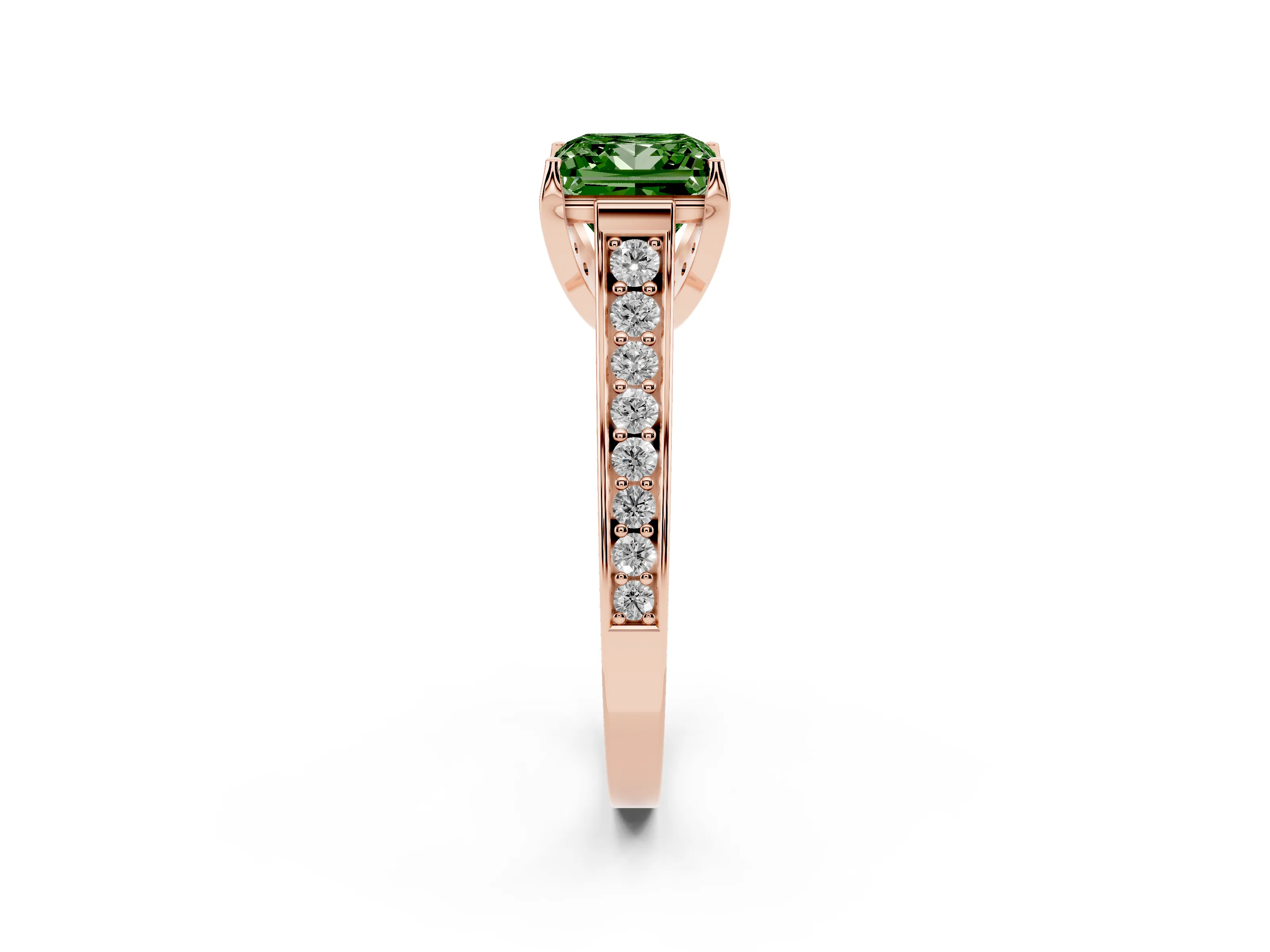 Fancy Green Princess Cut Diamond Solitaire Pavé Engagement Ring Set in Rose gold with Prong Setting
