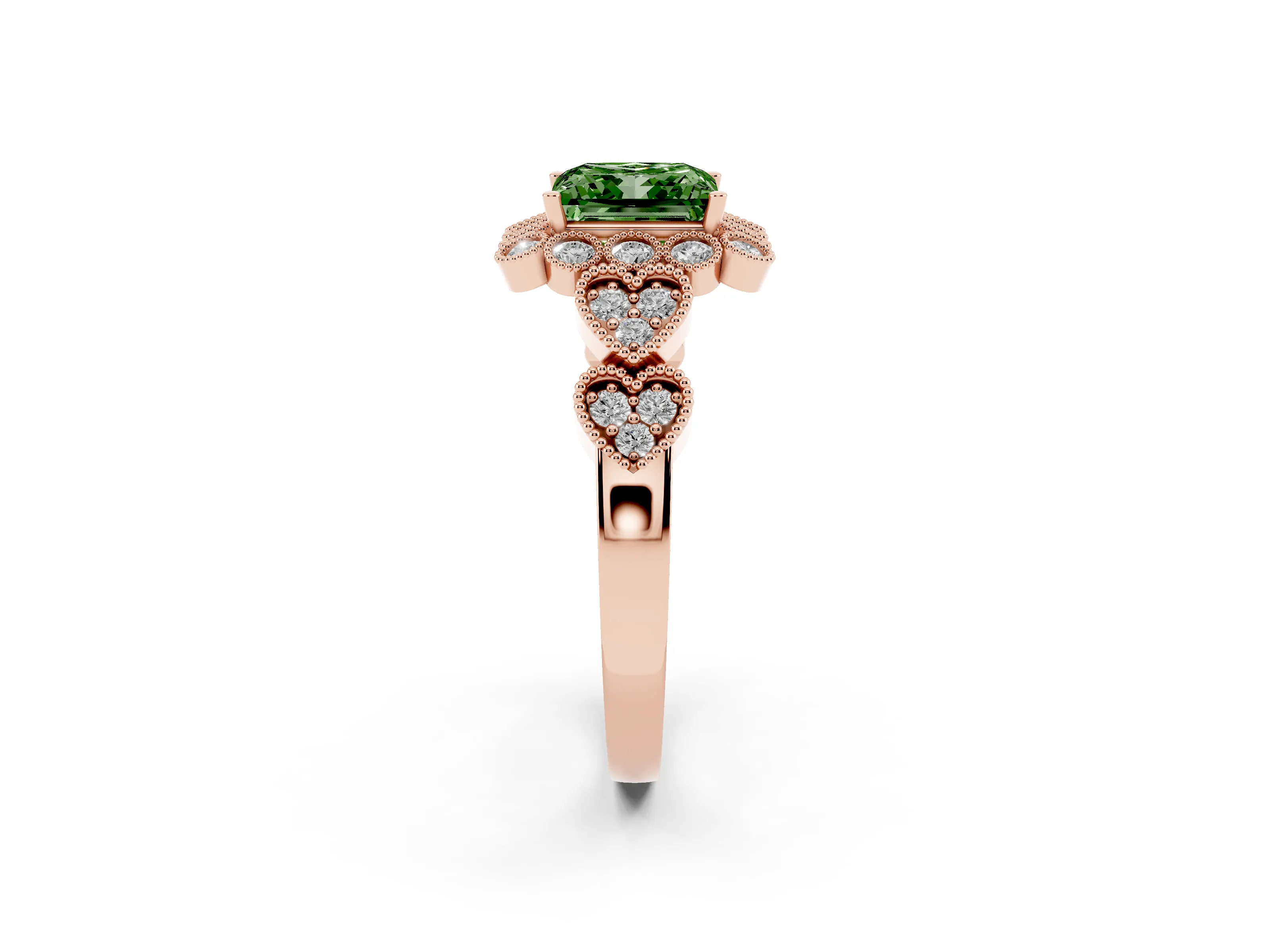 Fancy Green Princess Cut Diamond Solitaire Ring Set in Rose gold with Milgrain Pavé Heart Band