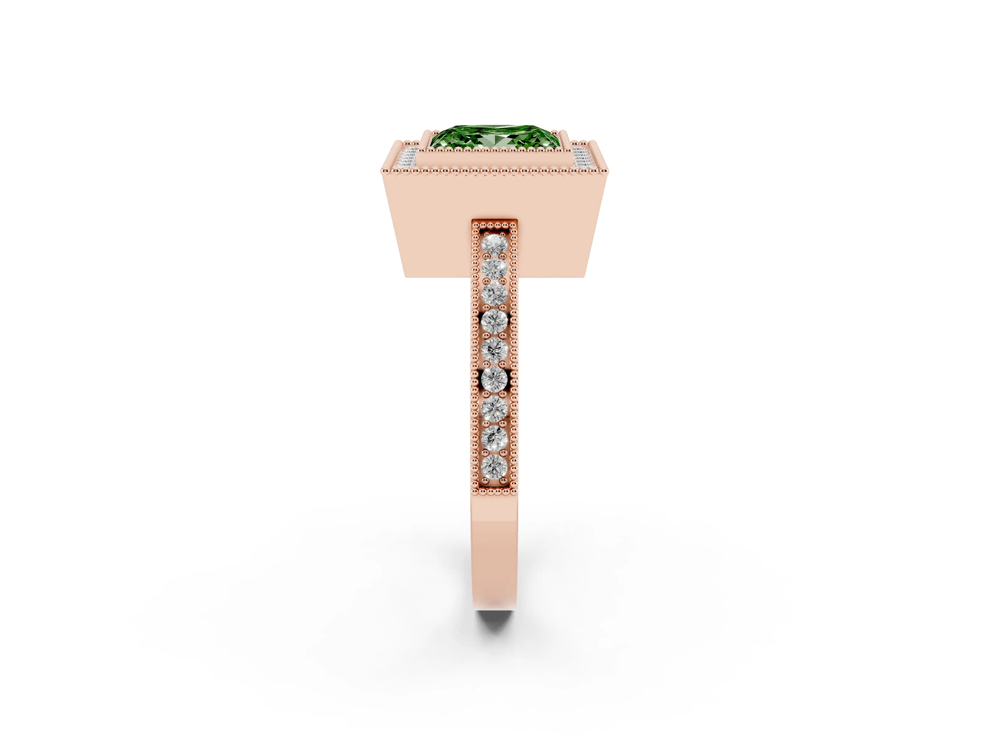 Fancy Green Princess Cut Diamond Halo Ring Set in Rose gold with Pavé Band and Milgrain-Edged Prongs