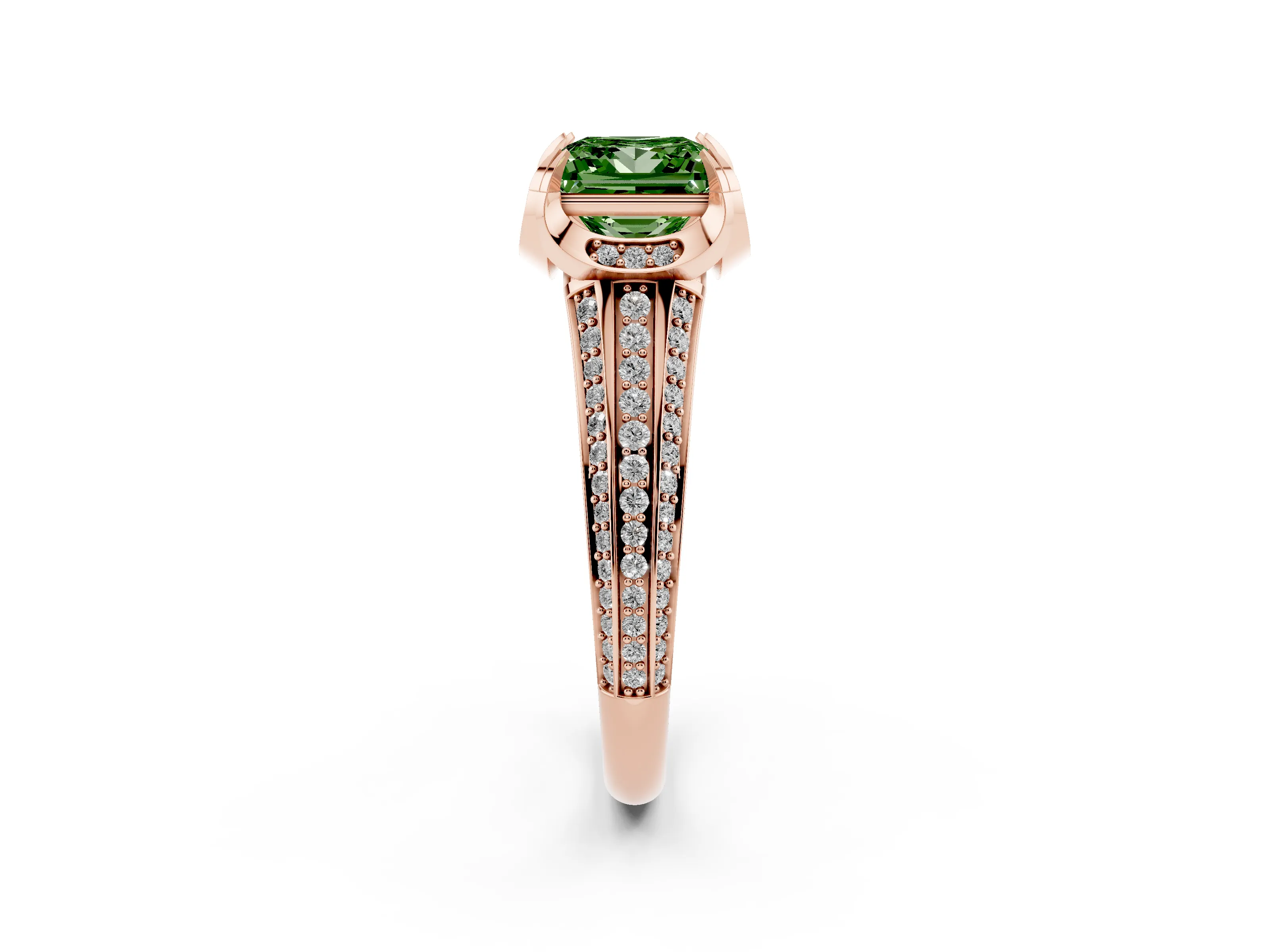 Fancy Green Princess Cut Diamond Pavé Split Shank Solitaire Ring Set in Rose gold with Prong Setting