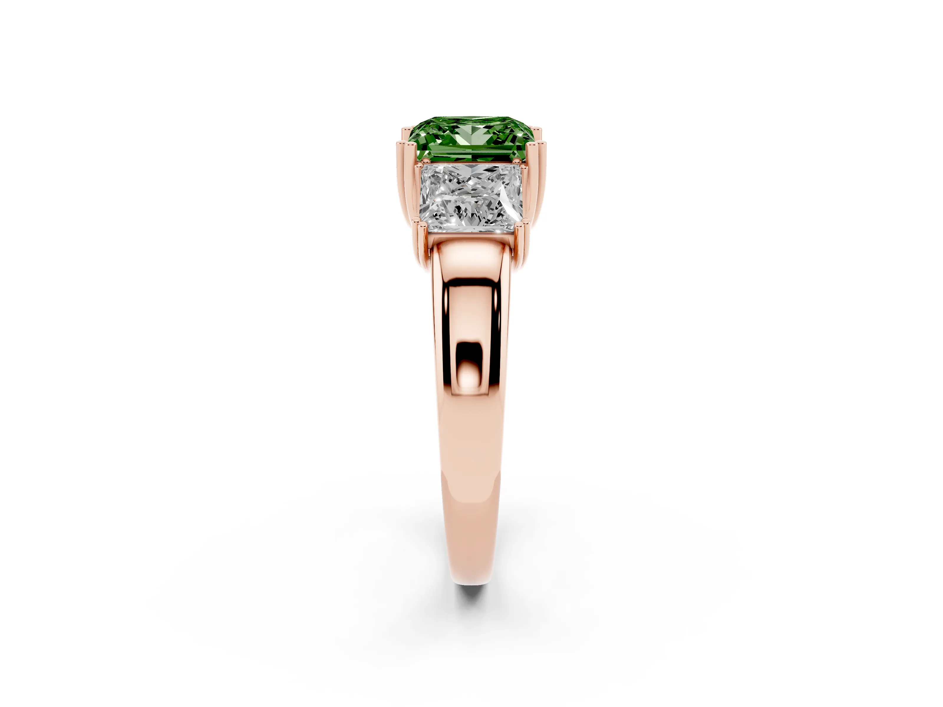 Fancy Green Princess Cut Diamond Three-Stone Ring Set in Rose gold with Polished Channel-Set Band