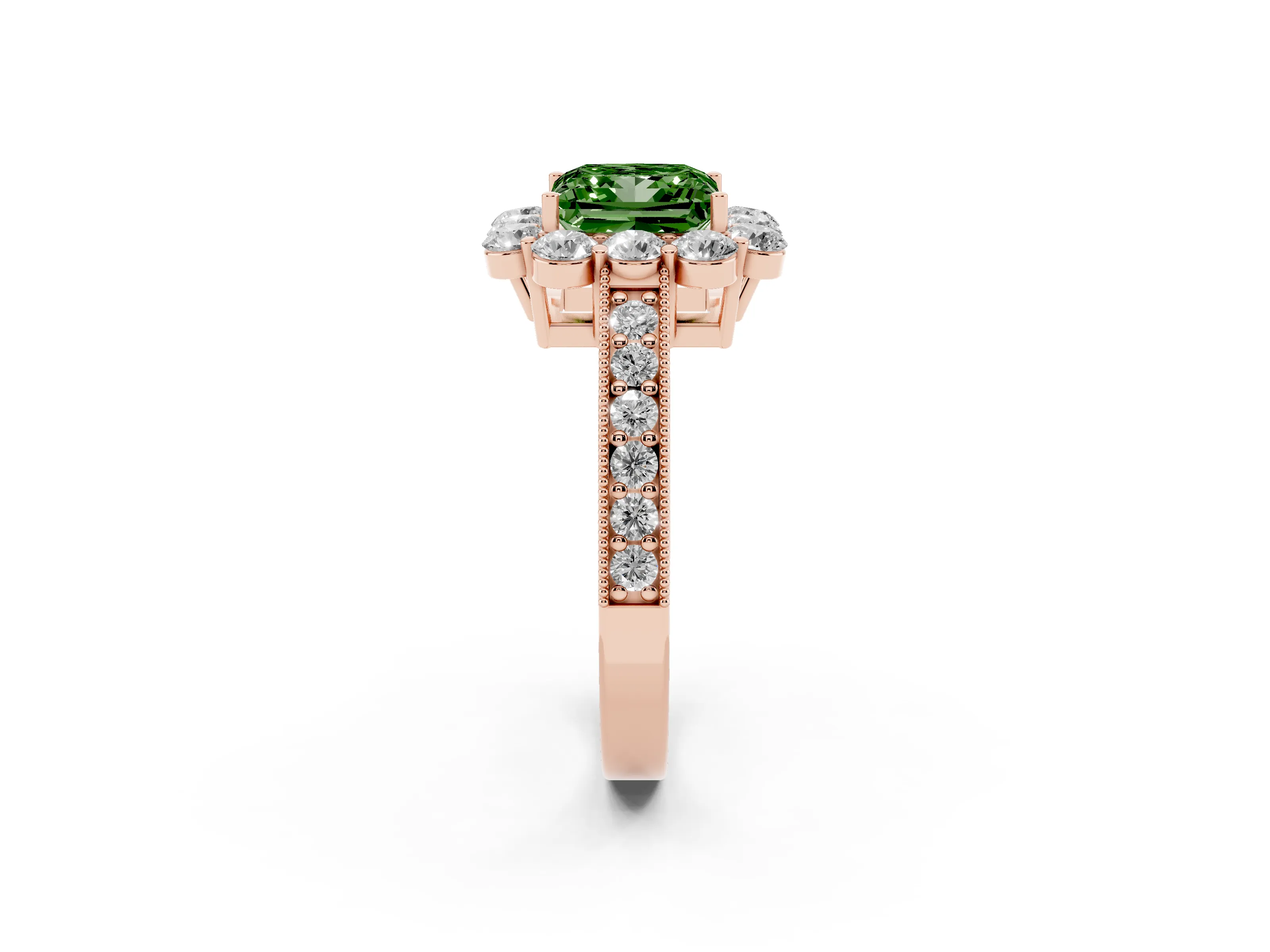 Fancy Green Princess Cut Diamond Halo Pavé Engagement Ring Set in Rose gold with Milgrain Detailing